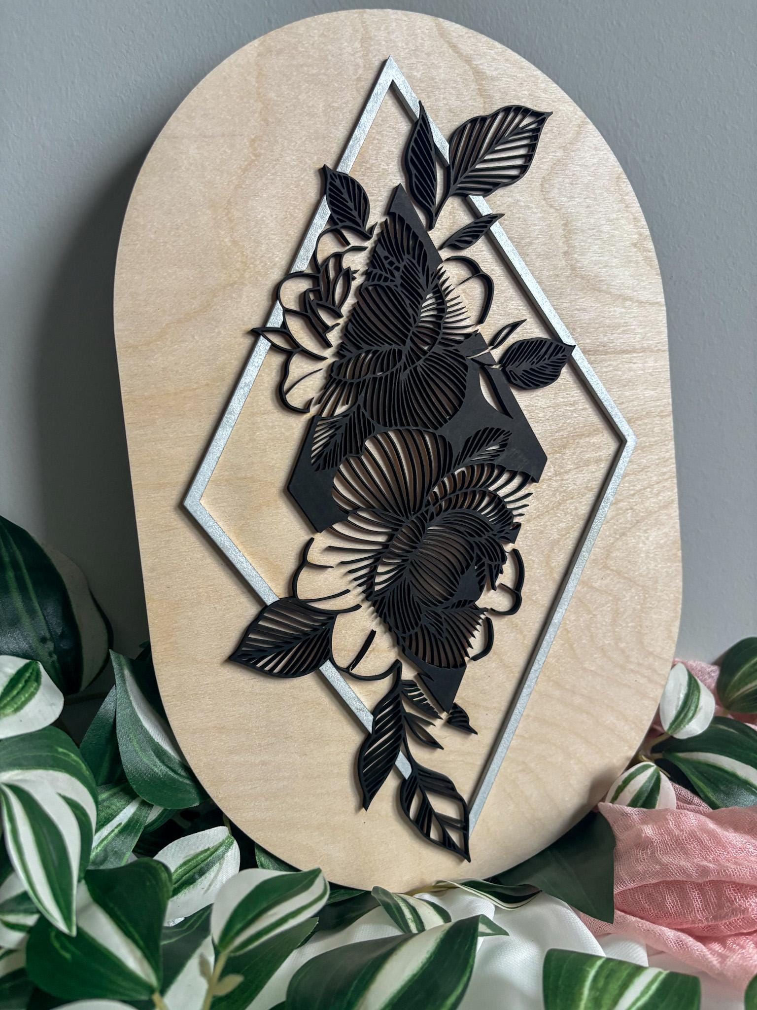 Modern Geometric Layered Peony Floral Wall Art, Handmade 3D Layered Peony Wall Decor, Boho Home Decor, Modern Contemporary Art