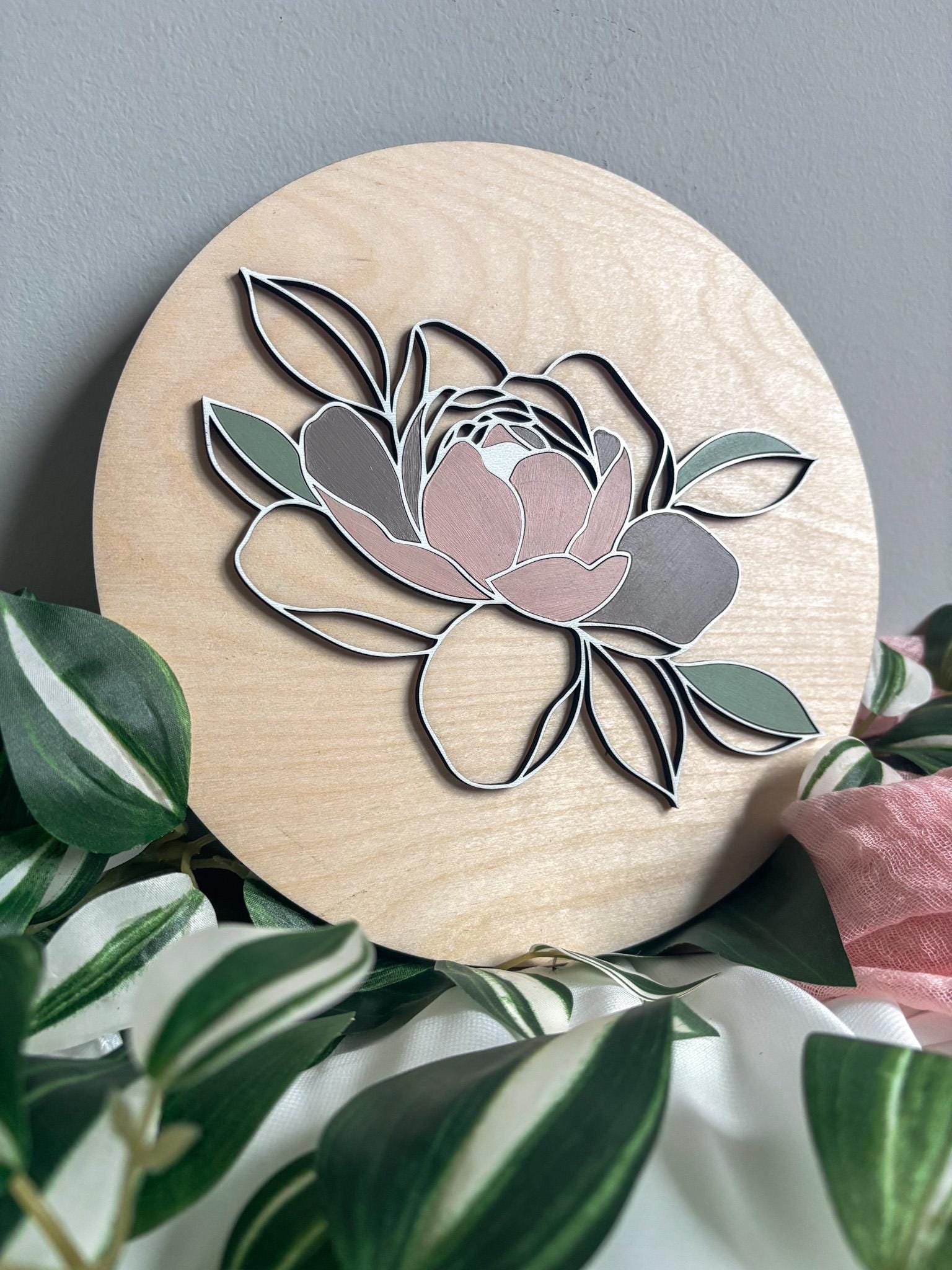 Minimalist Peony Floral Wood Art, Handmade Color Block 3D Layered Peony Wall Decor, Boho Painted Home Decor, Modern Contemporary Art