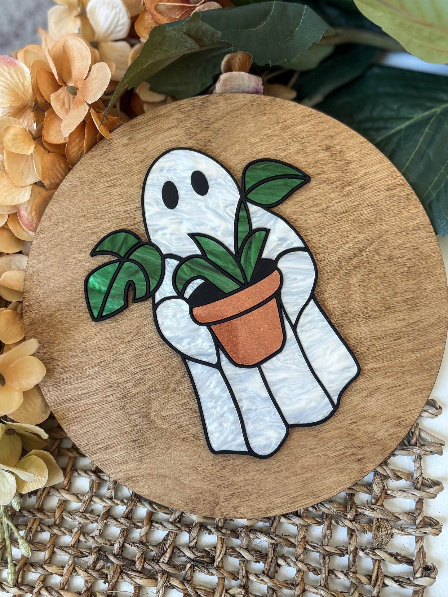 Halloween Ghost Plant Sign, Faux Stained Glass Ghost Decor, Acrylic Day of the Dead Home Decor, Fall Decor, Halloween Sign, Fall Wood Sign