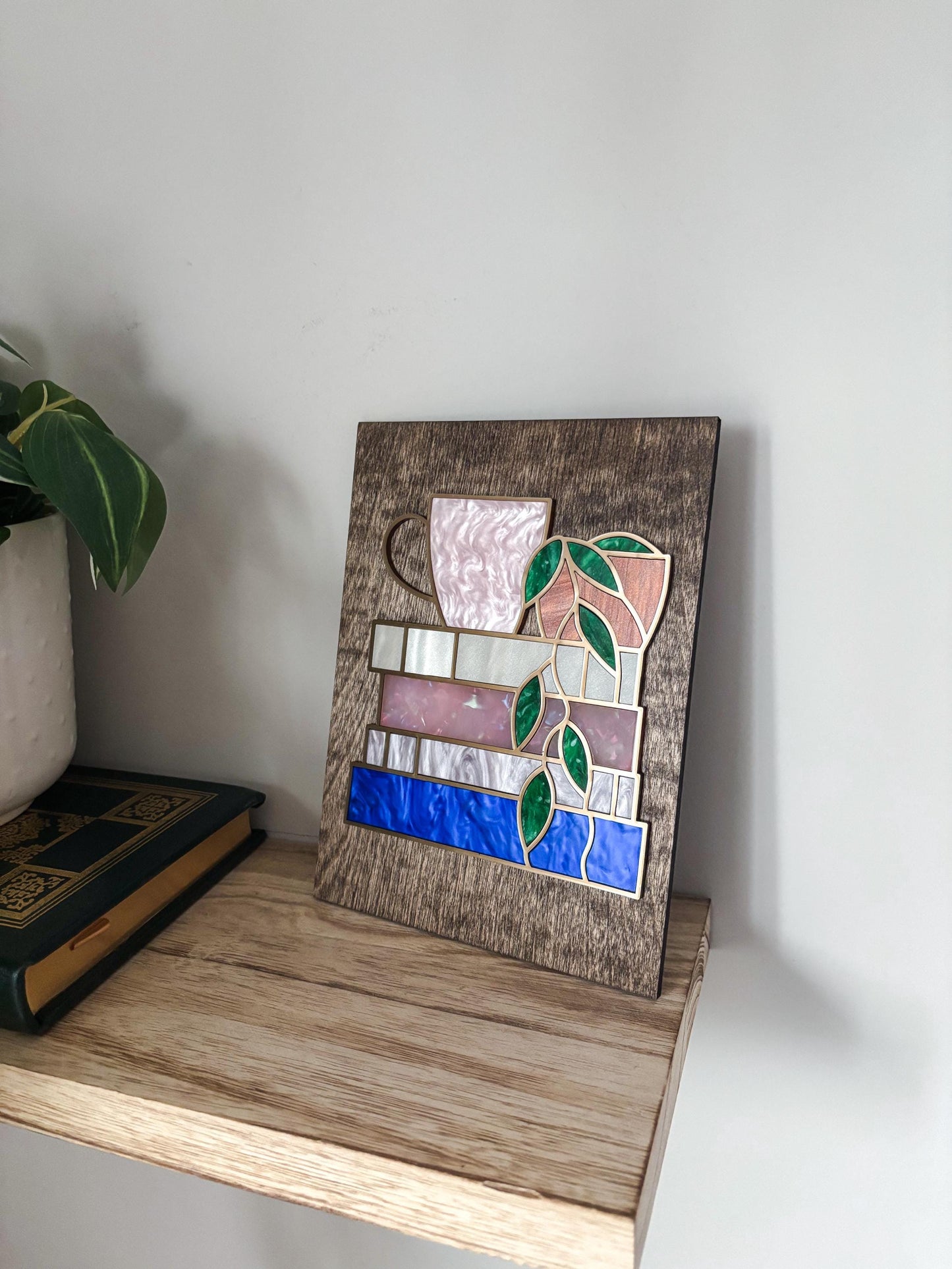 Book Stack Wall Art with Coffee & Plant, Faux Stained Glass Coffee Decor, Book Lover Gift, Reading Nook Wall Art, Cozy Coffee Lover Art