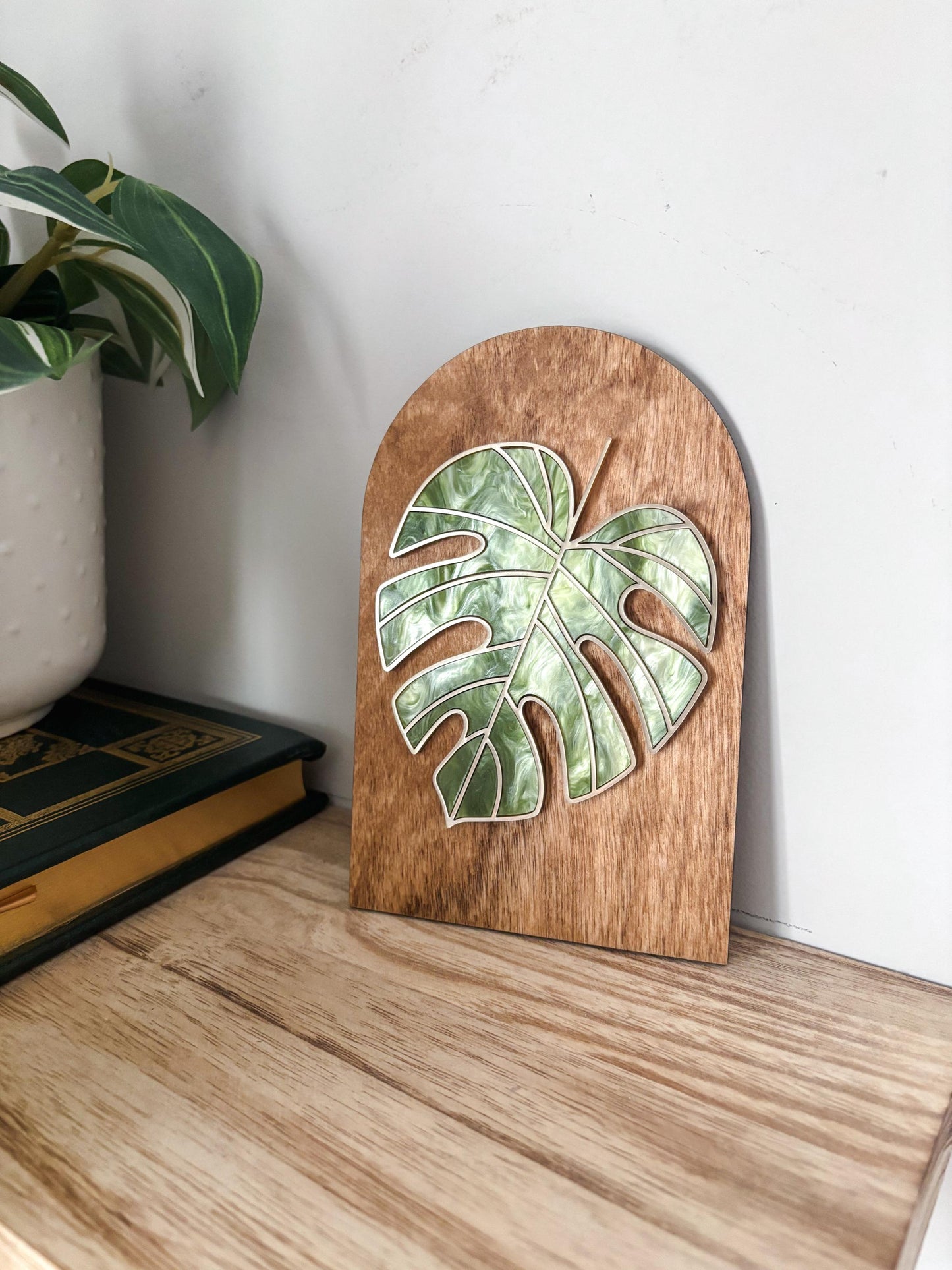 Monstera Mini Plant Shelf Decor, Stained Glass Style Botanical Acrylic Sign, Plant Lover Gift, Greenery Shelf Decor, Cottagecore Home Decor