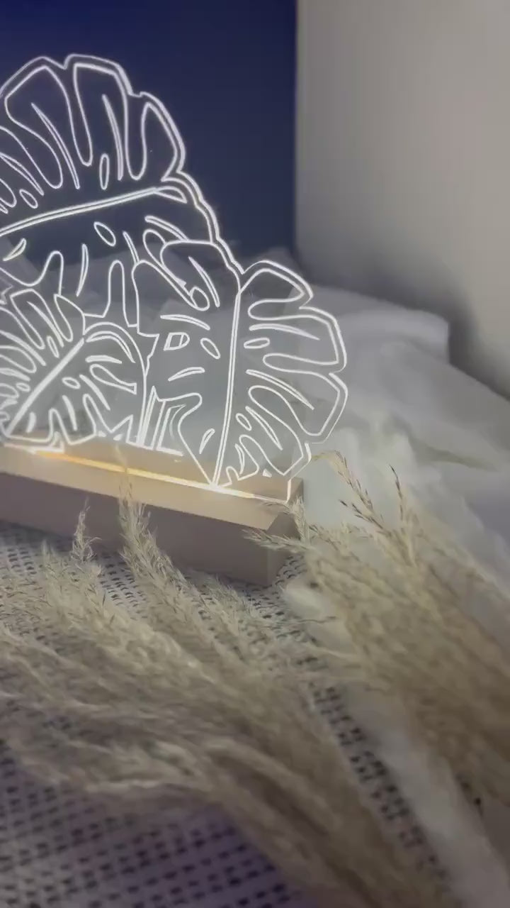 Boho Monstera Floral Acrylic Led Lamp, 3D Night Light Plant Lover, Modern Led Lights, Modern Boho, Minimalist, Laser Cut Decor