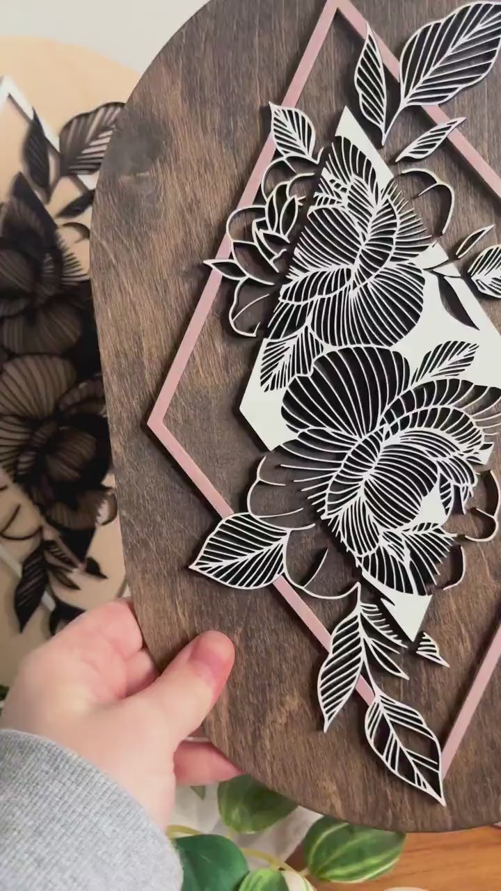 Modern Geometric Layered Peony Floral Wall Art, Handmade 3D Layered Peony Wall Decor, Boho Home Decor, Modern Contemporary Art
