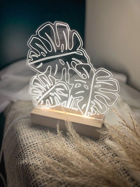 Boho Monstera Floral Acrylic Led Lamp, 3D Night Light Plant Lover, Modern Led Lights, Modern Boho, Minimalist, Laser Cut Decor