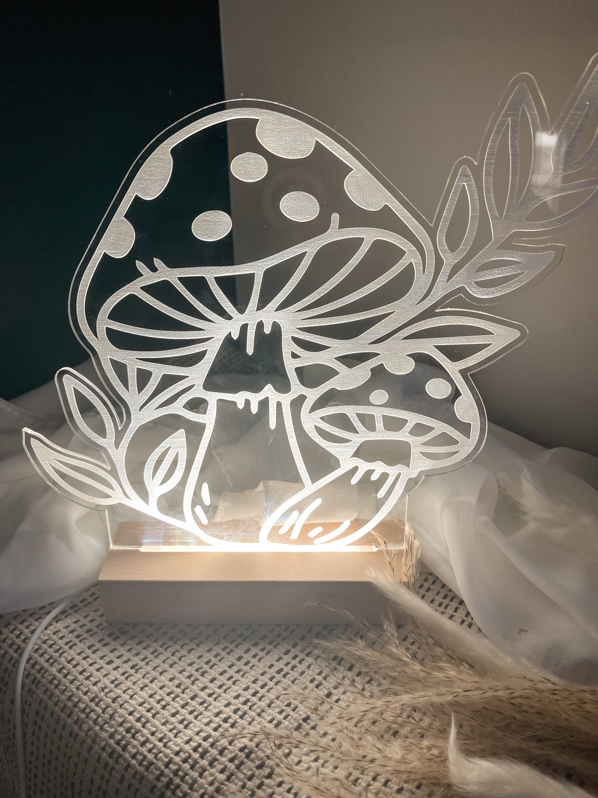 Boho Mushroom Floral Acrylic Led Lamp, 3D Night Light Plant Lover, Modern Led Lights, Modern Boho, Minimalist, Laser Cut Decor