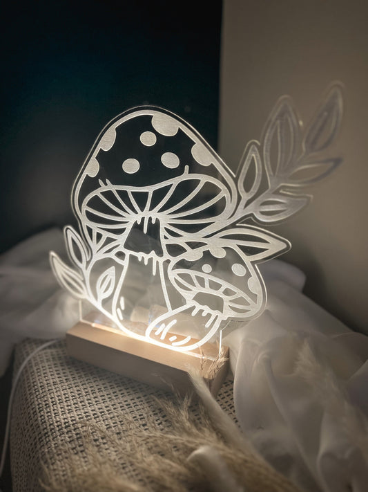 Boho Mushroom Floral Acrylic Led Lamp, 3D Night Light Plant Lover, Modern Led Lights, Modern Boho, Minimalist, Laser Cut Decor