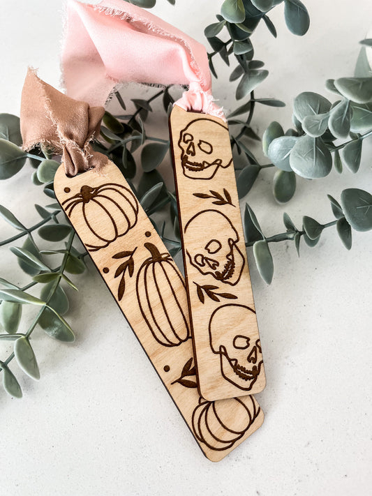 Spooky Pumpkins Bookmark, Funny Bookmark Gift, Laser Engraved Wood Bookmark, Cute Halloween, Spooky Season, Floral Ghost Gift