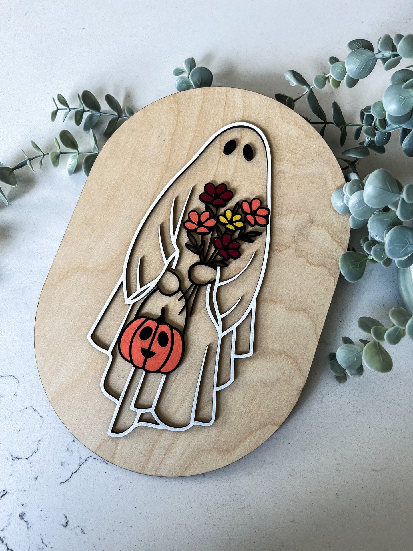 Halloween Floral Ghost Sign, Modern Halloween Decor, Day of the Dead Decor, Fall Decor, Halloween Sign, Fall Wood Sign