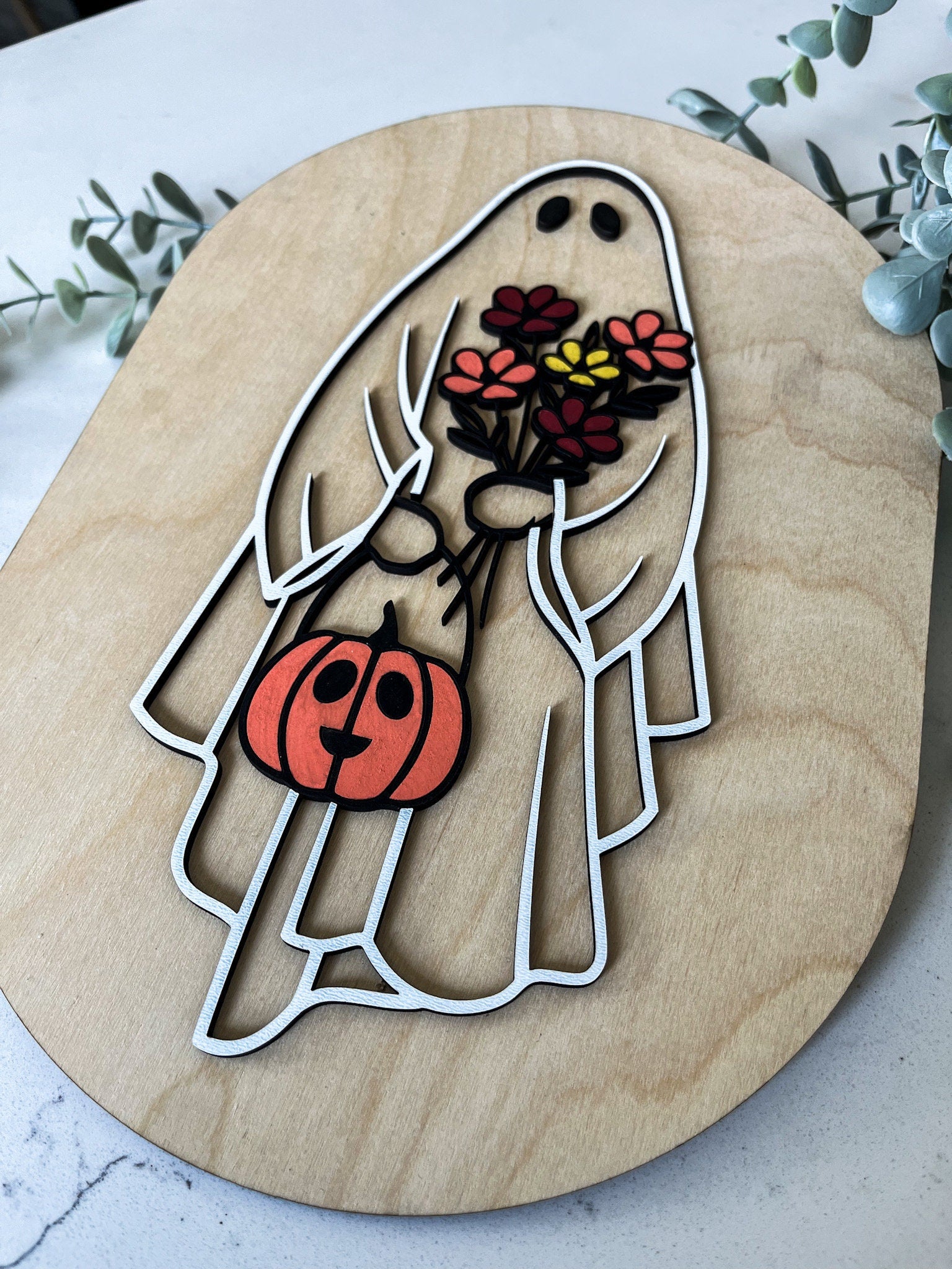 Halloween Floral Ghost Sign, Modern Halloween Decor, Day of the Dead Decor, Fall Decor, Halloween Sign, Fall Wood Sign
