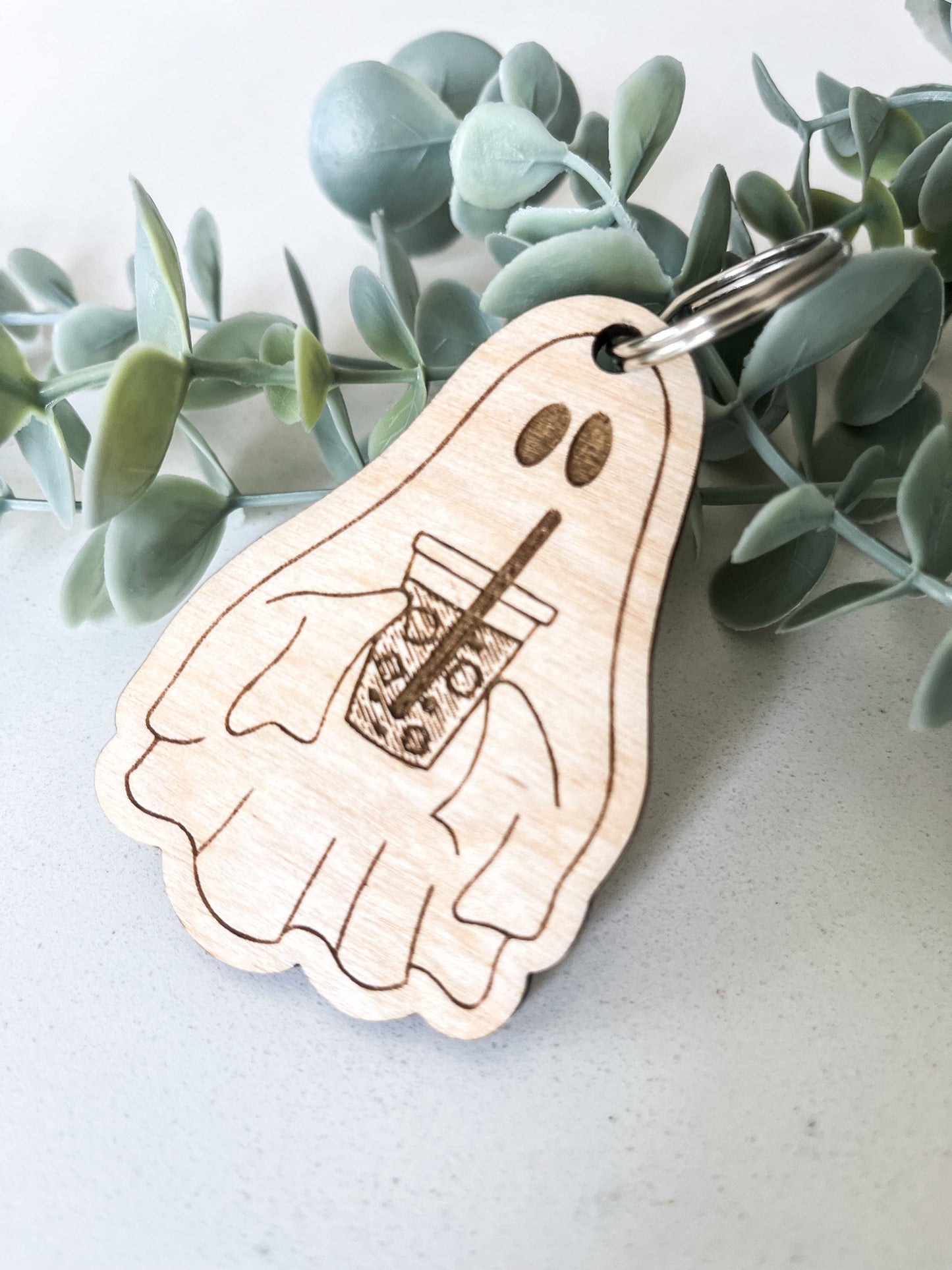 Ghost with Iced Coffee Keychain, Coffee Ghost, Engraved Acrylic Tag, Cute Halloween, Retro Halloween, Retro Keychain, Retro Ghost