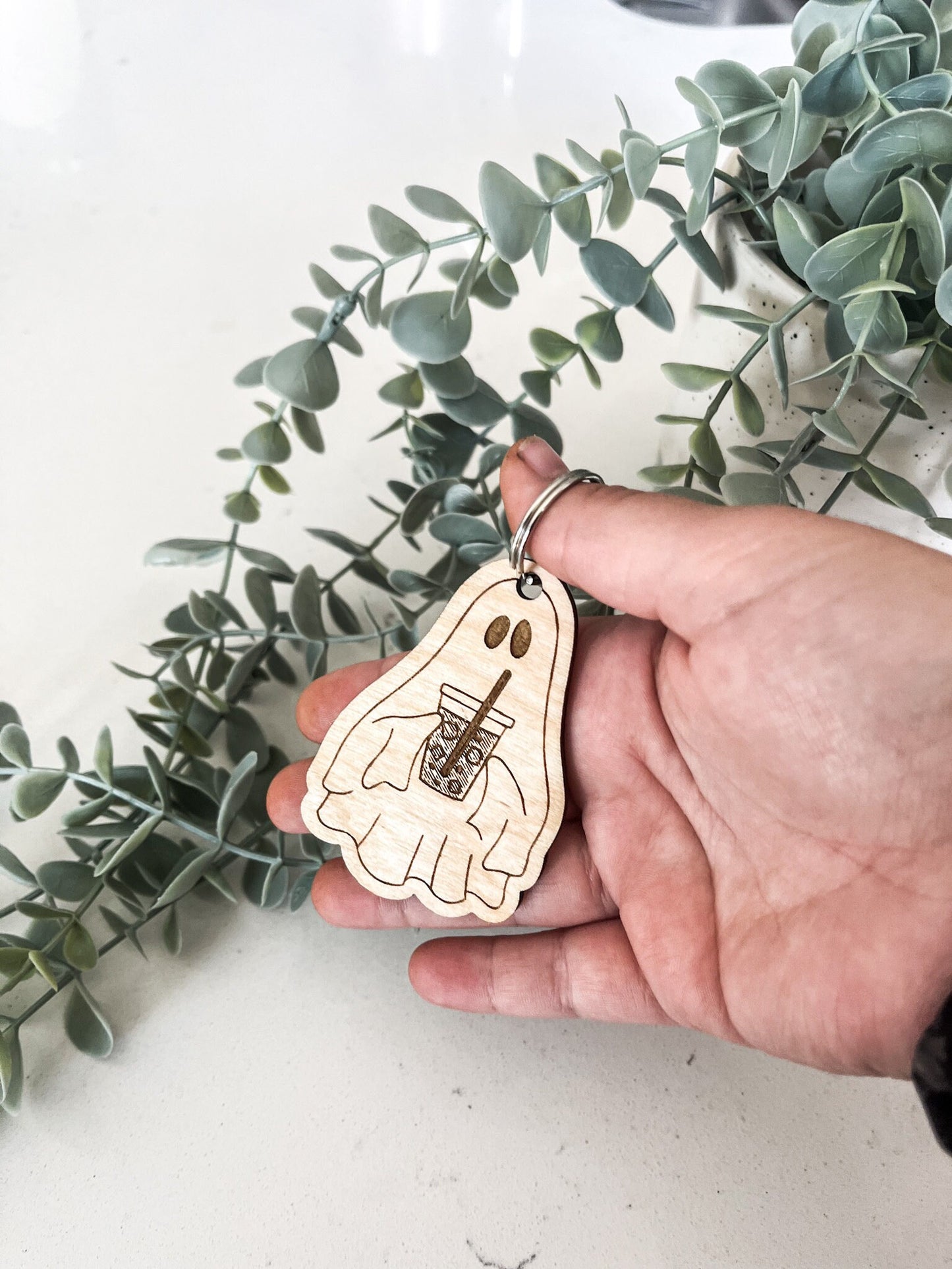 Ghost with Iced Coffee Keychain, Coffee Ghost, Engraved Acrylic Tag, Cute Halloween, Retro Halloween, Retro Keychain, Retro Ghost