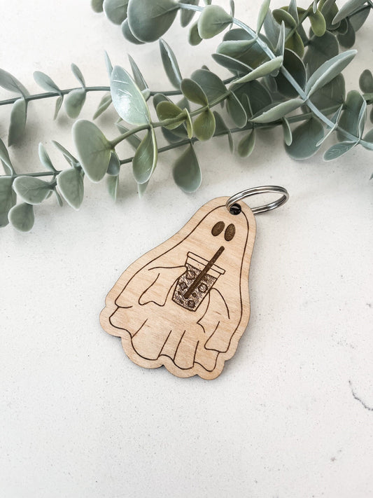 Ghost with Iced Coffee Keychain, Coffee Ghost, Engraved Acrylic Tag, Cute Halloween, Retro Halloween, Retro Keychain, Retro Ghost