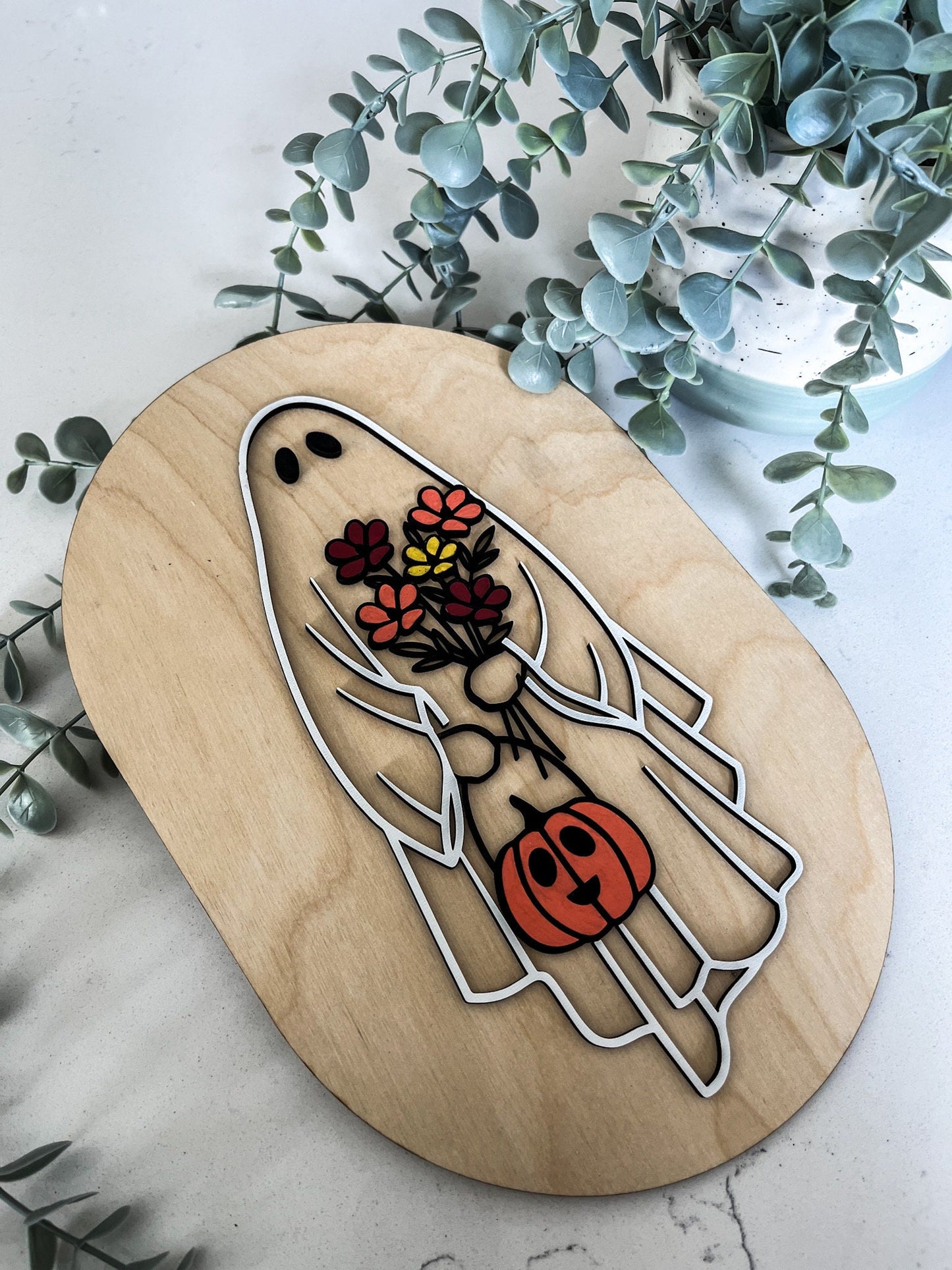 Halloween Floral Ghost Sign, Modern Halloween Decor, Day of the Dead Decor, Fall Decor, Halloween Sign, Fall Wood Sign