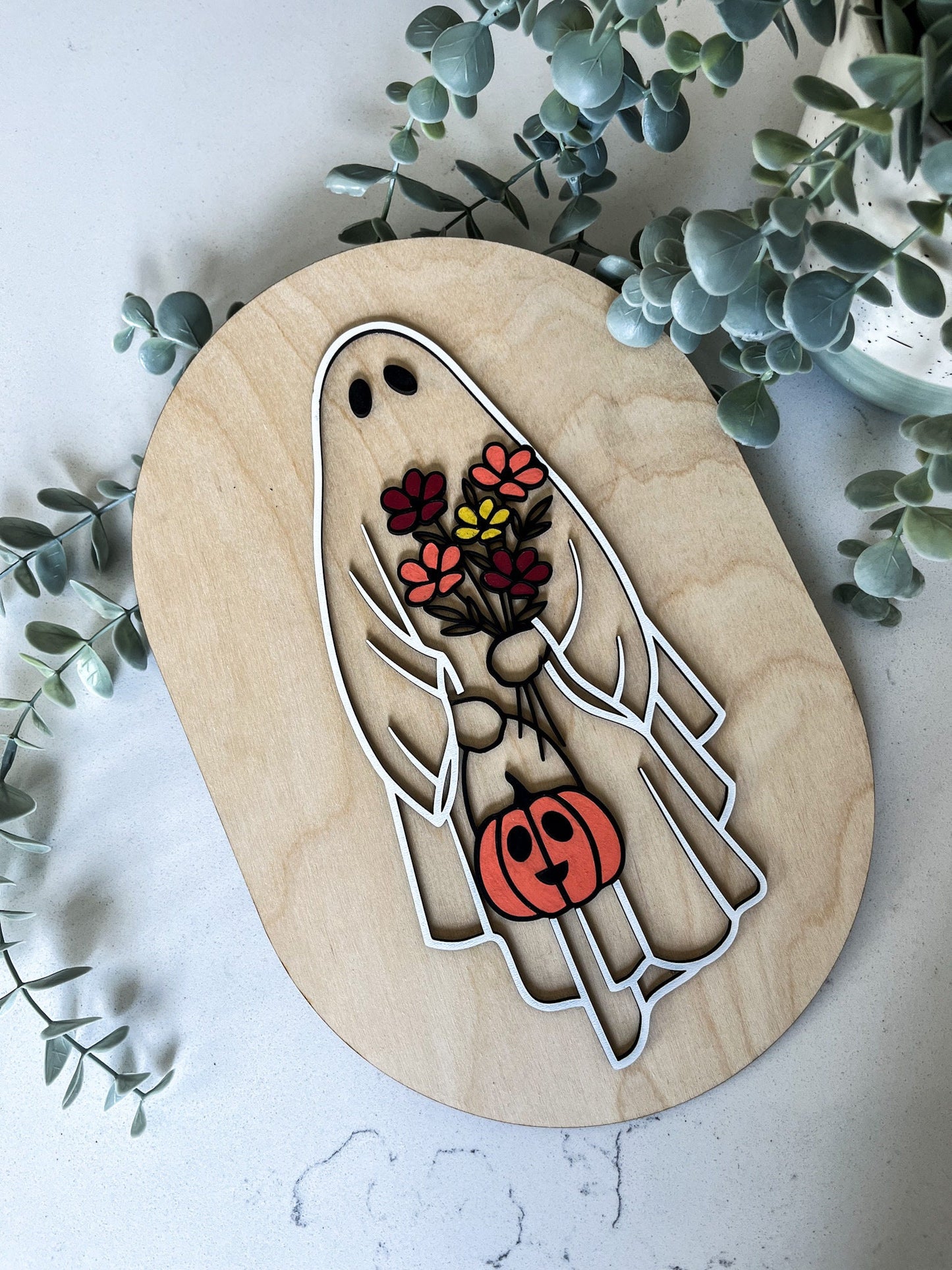 Halloween Floral Ghost Sign, Modern Halloween Decor, Day of the Dead Decor, Fall Decor, Halloween Sign, Fall Wood Sign