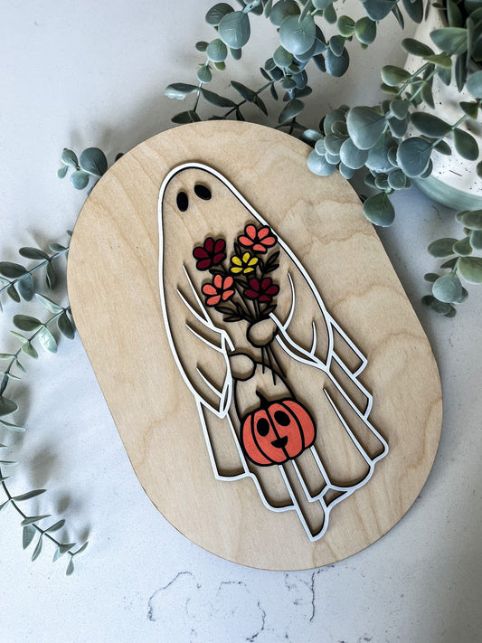 Halloween Floral Ghost Sign, Modern Halloween Decor, Day of the Dead Decor, Fall Decor, Halloween Sign, Fall Wood Sign
