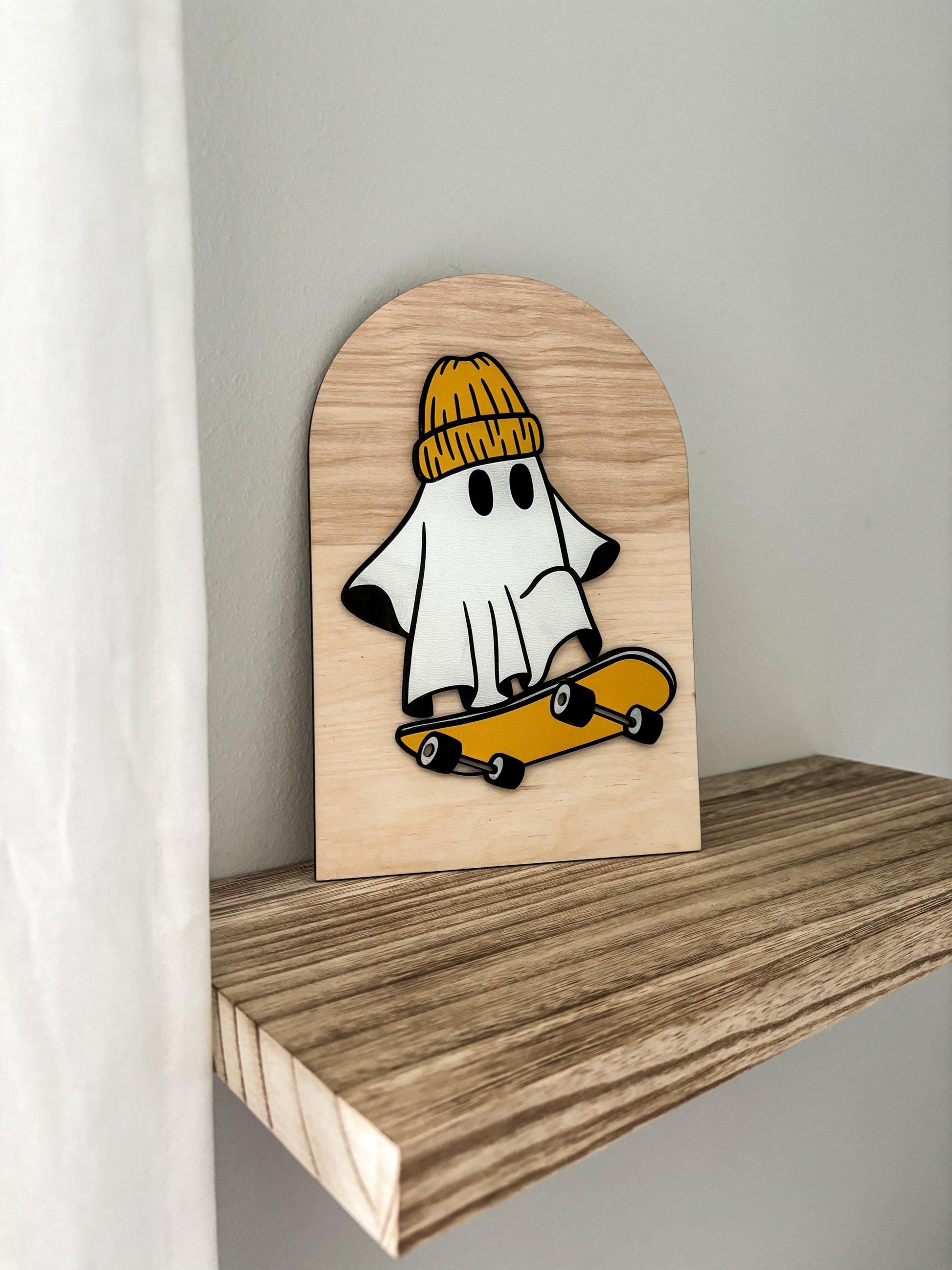 Halloween Skateboarding Ghost Sign, Modern Halloween Decor, Day of the Dead Decor, Fall Decor, Halloween Sign, Fall Wood Sign