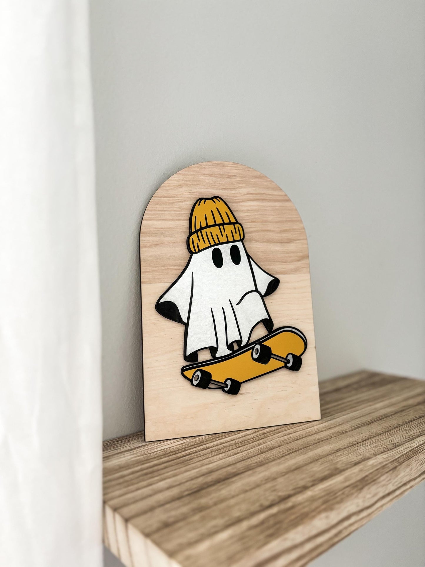 Halloween Skateboarding Ghost Sign, Modern Halloween Decor, Day of the Dead Decor, Fall Decor, Halloween Sign, Fall Wood Sign