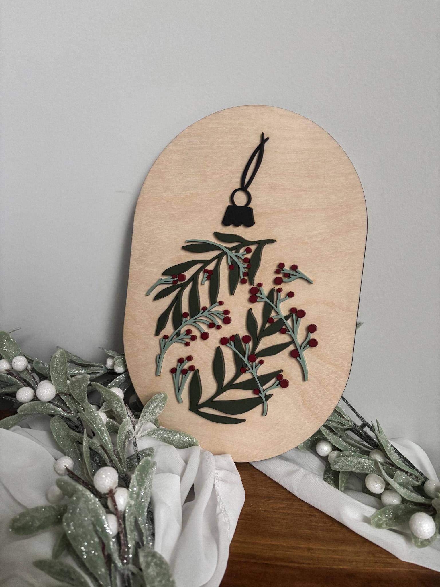 Christmas Ornament Sign, Contemporary Christmas Greenery Sign, Holiday Wood Hanging Decor, Christmas Boho Decor, Minimalist Modern Christmas