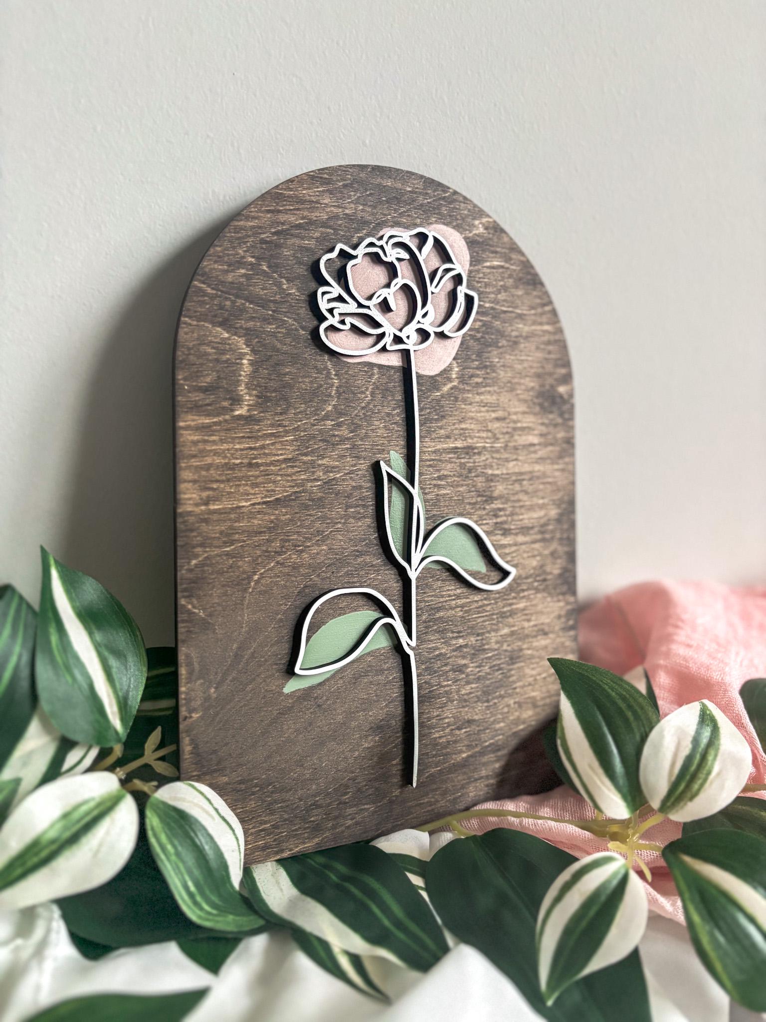 Minimalist Peony Floral Wood Art, Handmade 3D Layered Peony Wall Decor, Laser Cut Boho Hand Painted Home Decor, Modern Contemporary Art