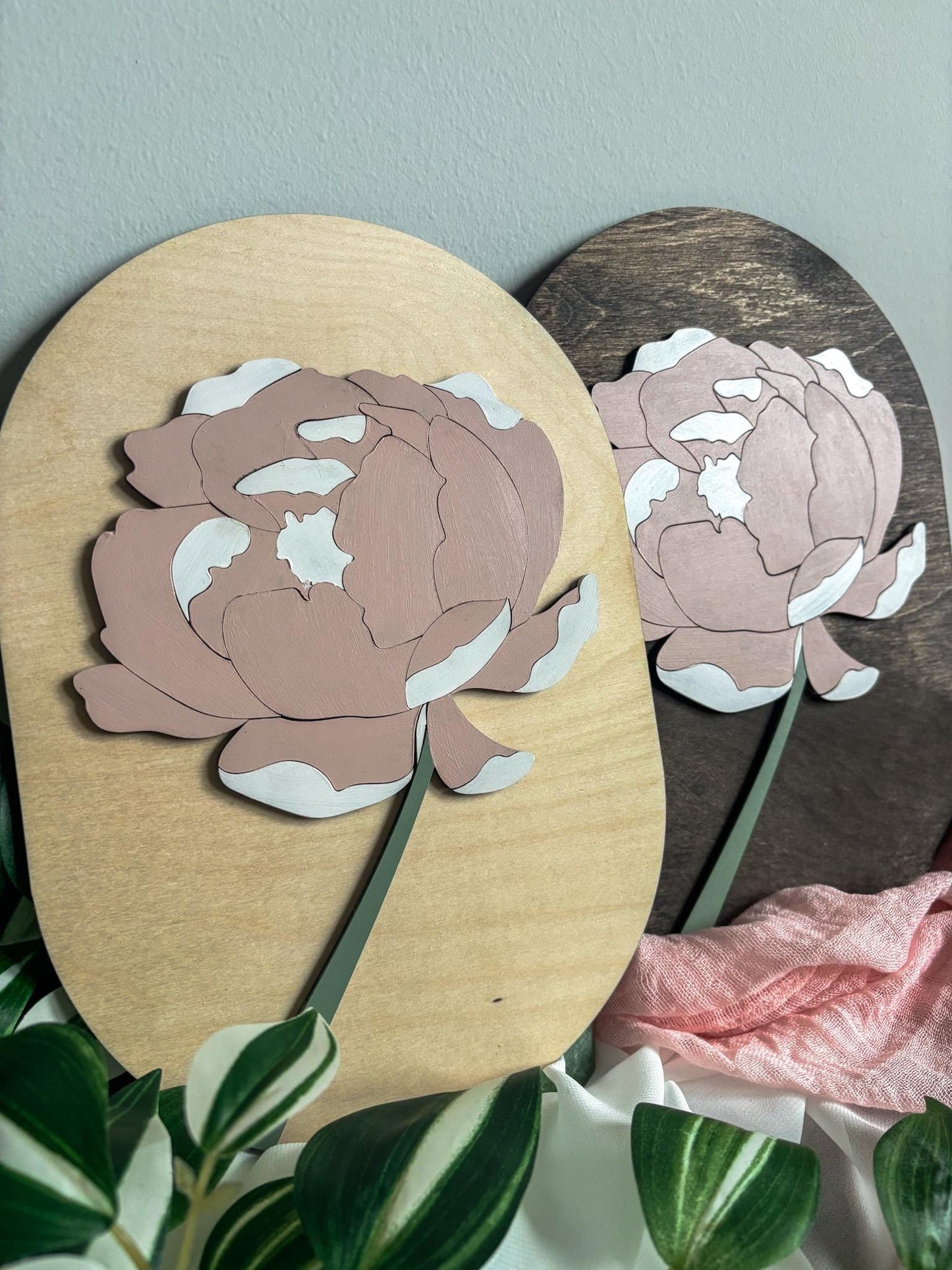 Minimalist Two-Toned Peony Floral Wood Art, Handmade 3D Layered Wall Decor, Laser Cut Boho Hand Painted Home Decor, Modern Contemporary Art