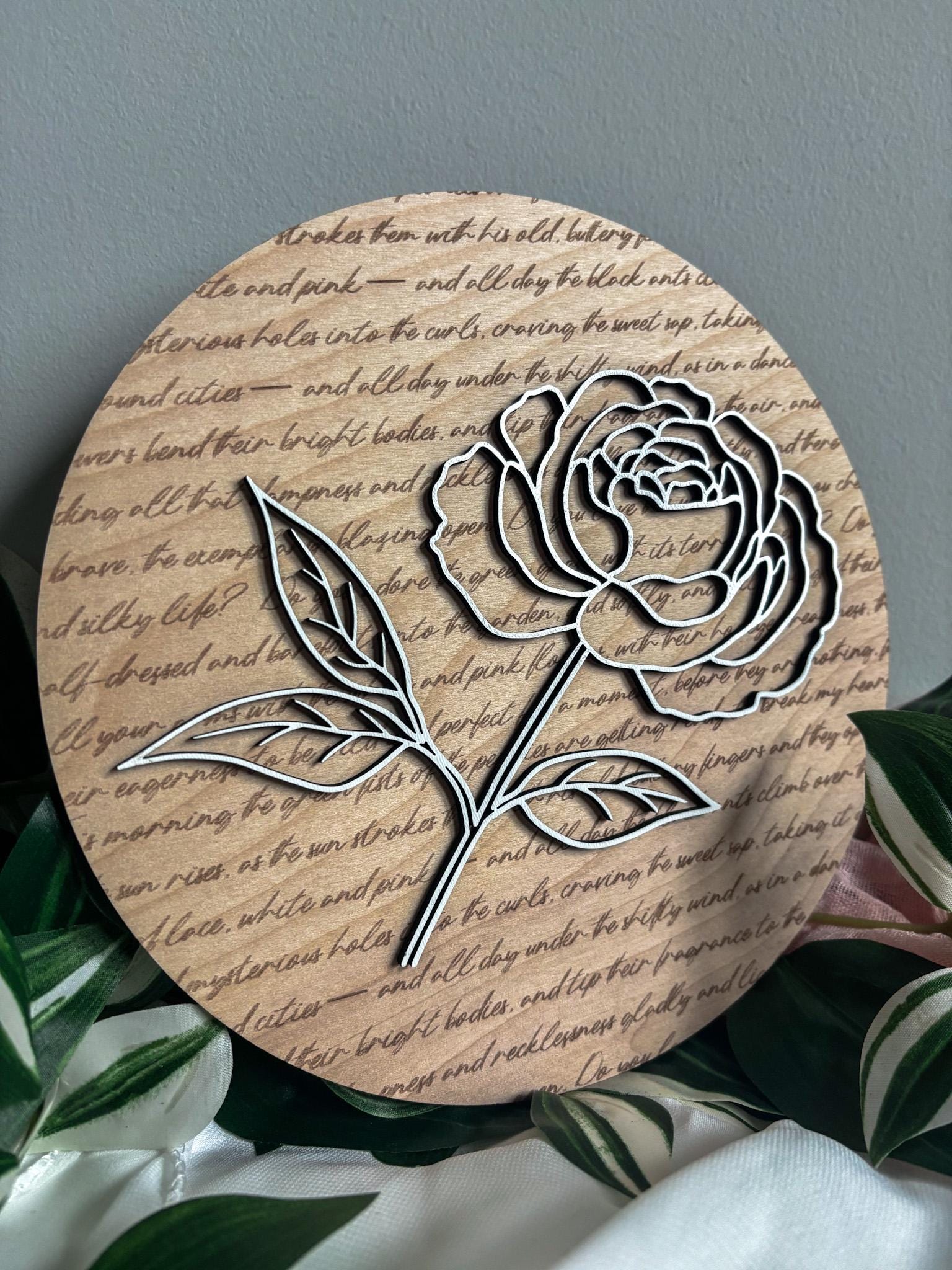 Vintage Inspired Peony Floral Wood Art, Engraved 3D Layered Peony Wall Decor, Poem Hand Painted Home Decor, Modern Contemporary Art