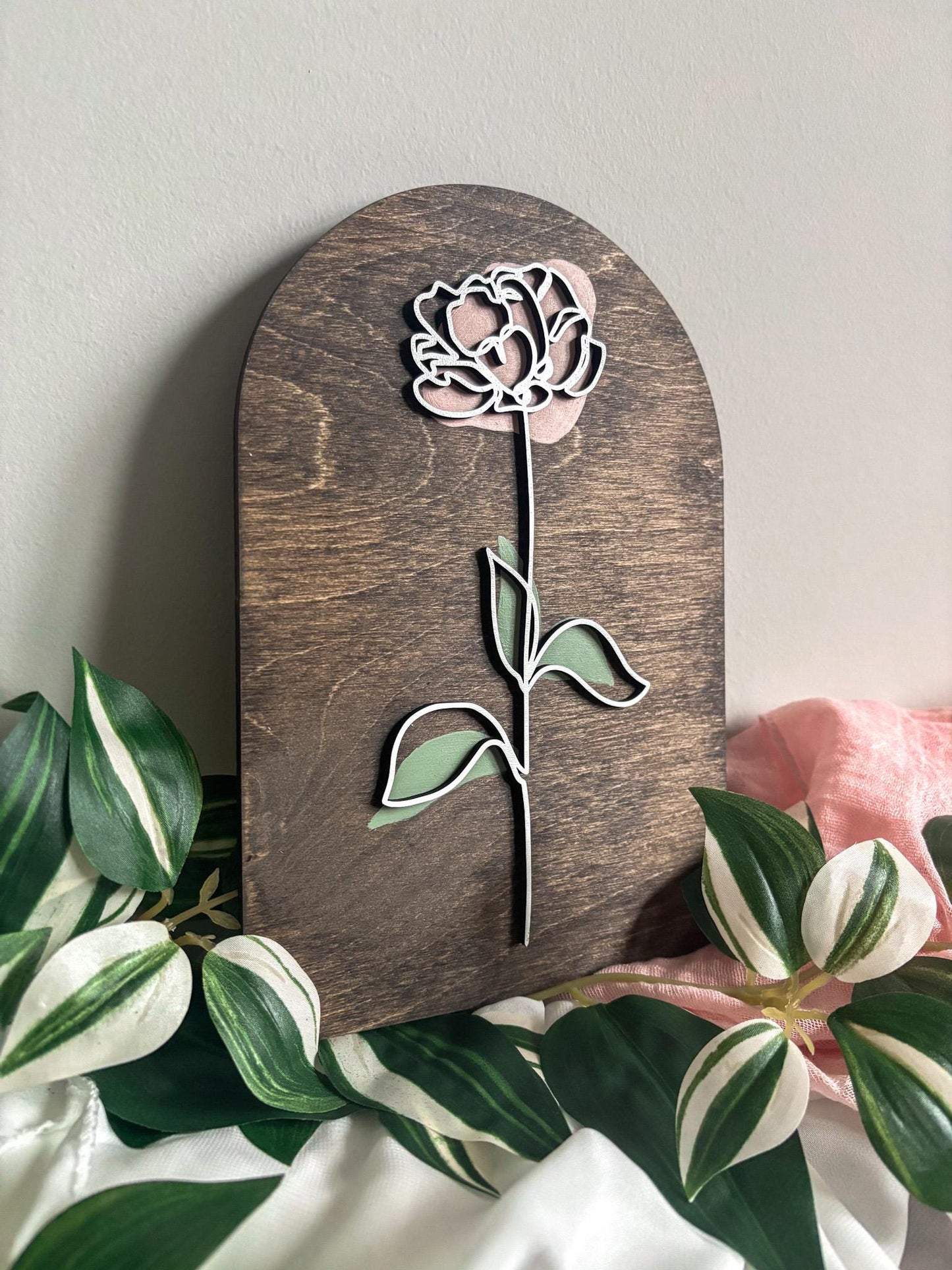 Minimalist Peony Floral Wood Art, Handmade 3D Layered Peony Wall Decor, Laser Cut Boho Hand Painted Home Decor, Modern Contemporary Art