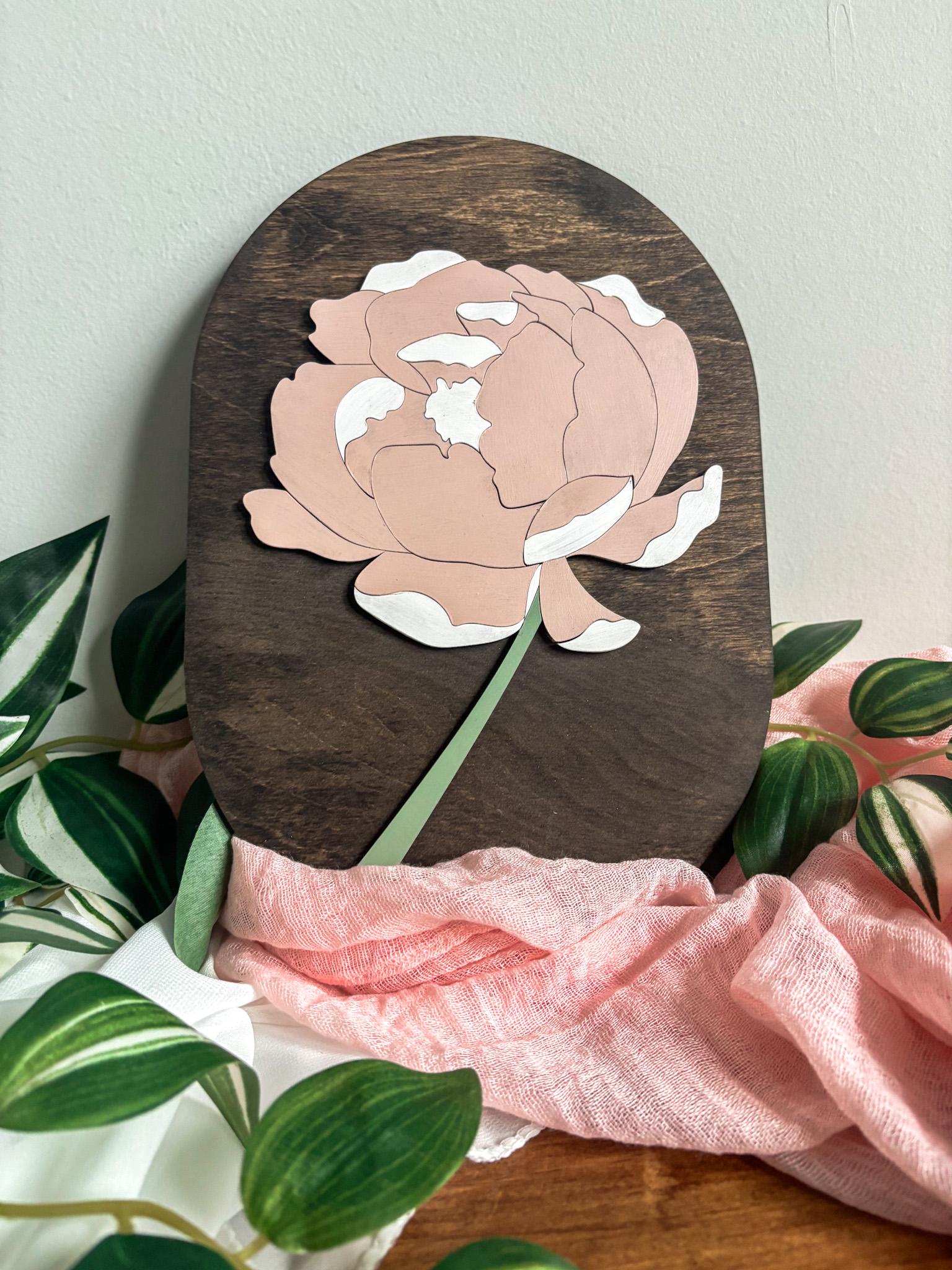 Minimalist Two-Toned Peony Floral Wood Art, Handmade 3D Layered Wall Decor, Laser Cut Boho Hand Painted Home Decor, Modern Contemporary Art