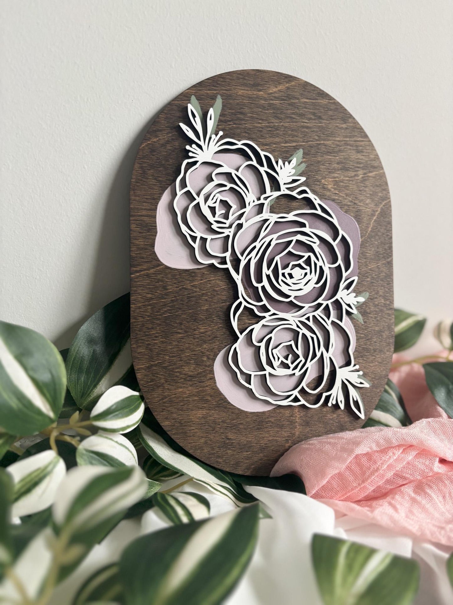 Minimalist Peony Floral Wood Art, Handmade 3D Layered Peonies Wall Decor, Laser Cut Boho Hand Painted Home Decor, Modern Contemporary Oval