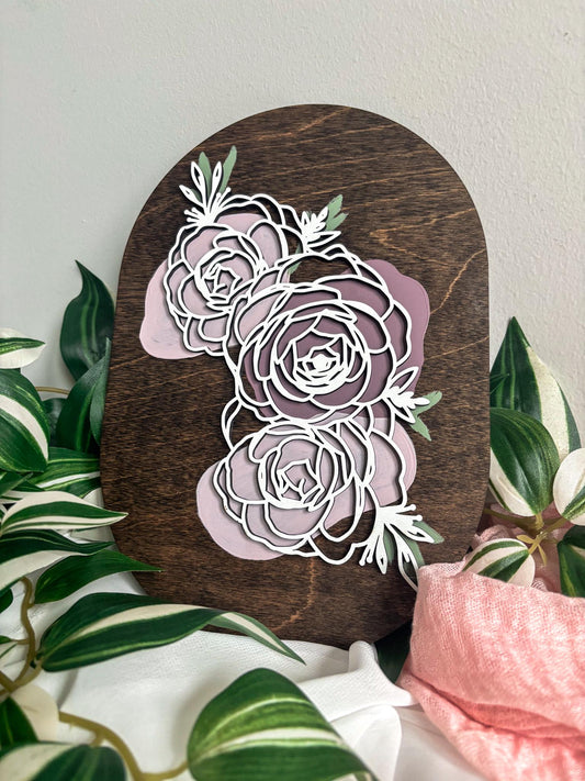 Minimalist Peony Floral Wood Art, Handmade 3D Layered Peonies Wall Decor, Laser Cut Boho Hand Painted Home Decor, Modern Contemporary Oval