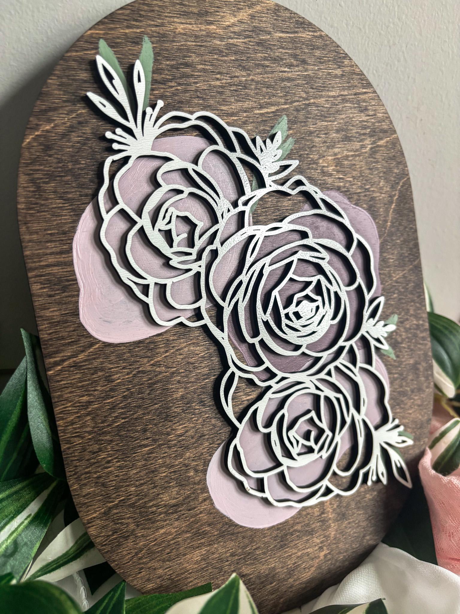 Minimalist Peony Floral Wood Art, Handmade 3D Layered Peonies Wall Decor, Laser Cut Boho Hand Painted Home Decor, Modern Contemporary Oval