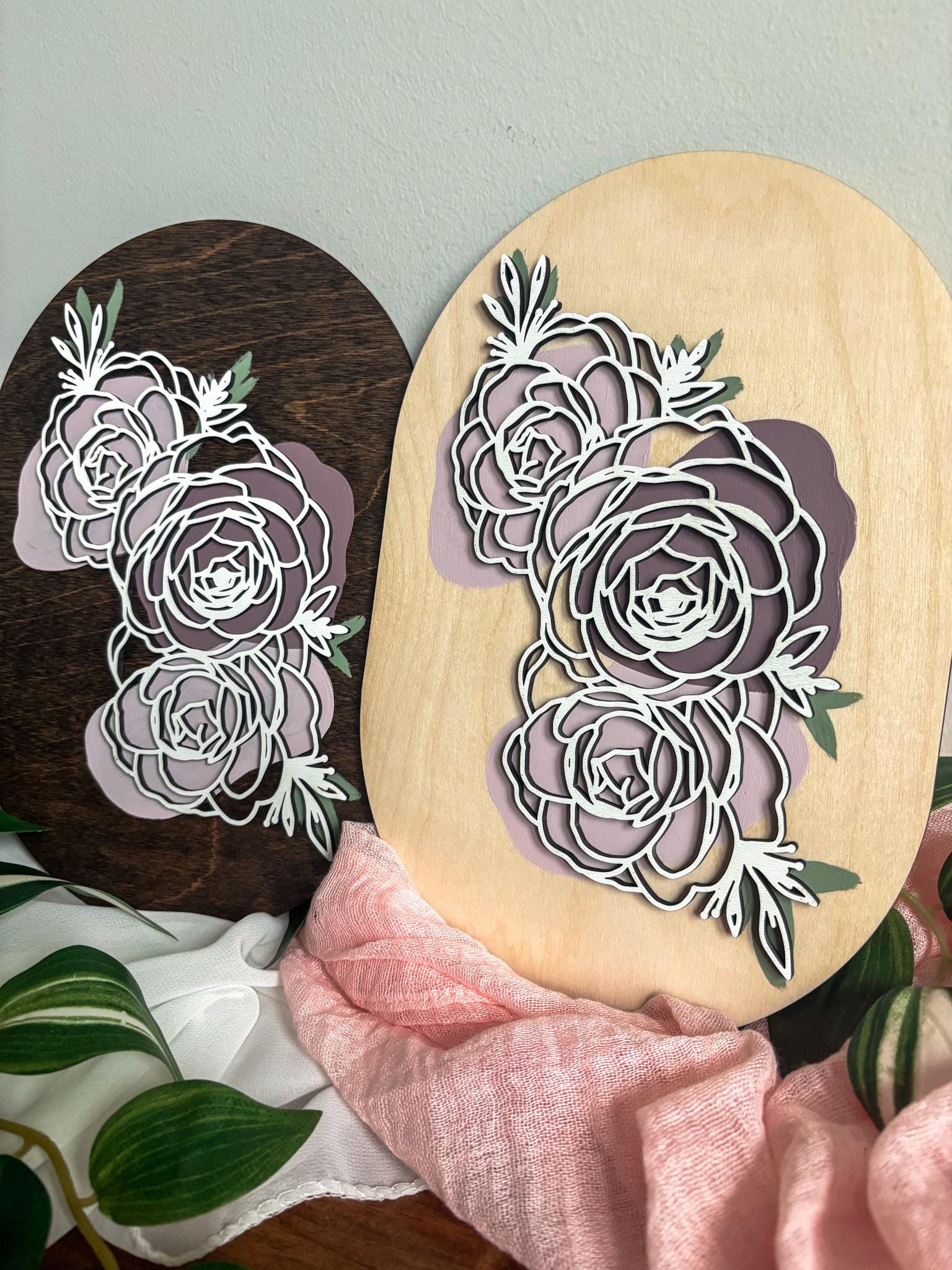 Minimalist Peony Floral Wood Art, Handmade 3D Layered Peonies Wall Decor, Laser Cut Boho Hand Painted Home Decor, Modern Contemporary Oval