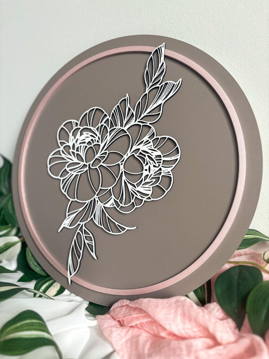 Modern Peony Floral Wood Art, Handmade 3D Layered Peony Wall Decor, Laser Cut Boho Hand Painted Home Decor, Modern Contemporary Art