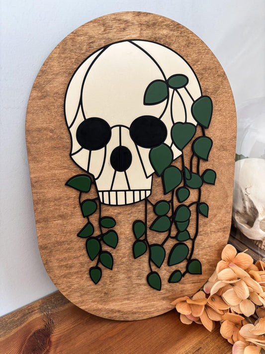 Halloween Skull Sign, Hanging Planter Skeleton Decor, Day of the Dead Home Decor, Fall Decor, Halloween Sign, Fall Wood Sign