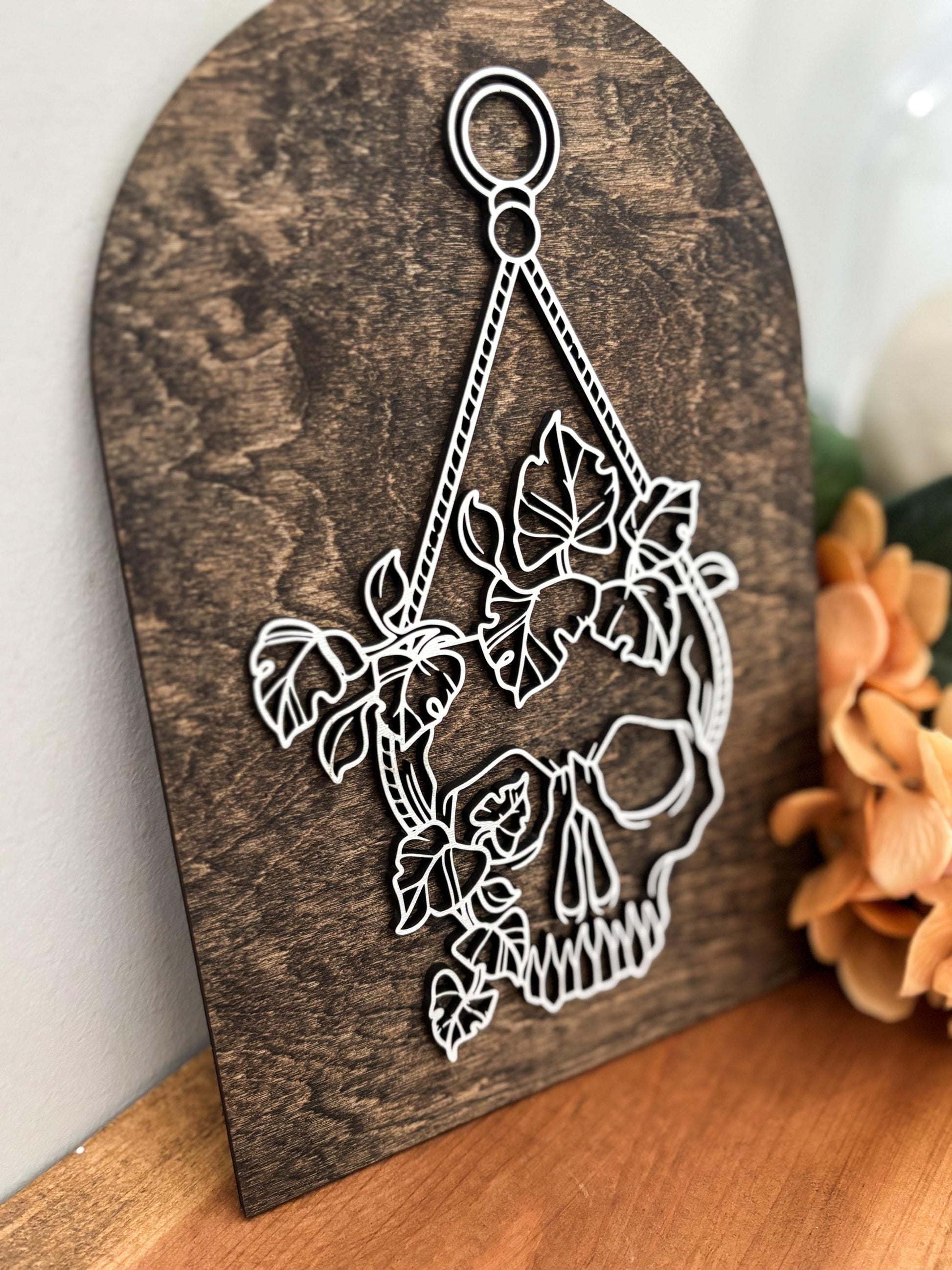 Halloween Skull Sign, Hanging Planter Skeleton Decor, Day of the Dead Home Decor, Fall Decor, Halloween Sign, Fall Wood Sign