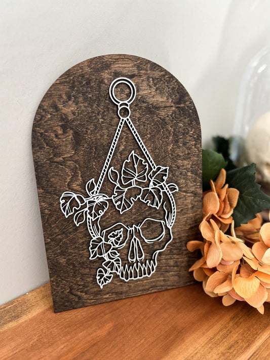 Halloween Skull Sign, Hanging Planter Skeleton Decor, Day of the Dead Home Decor, Fall Decor, Halloween Sign, Fall Wood Sign