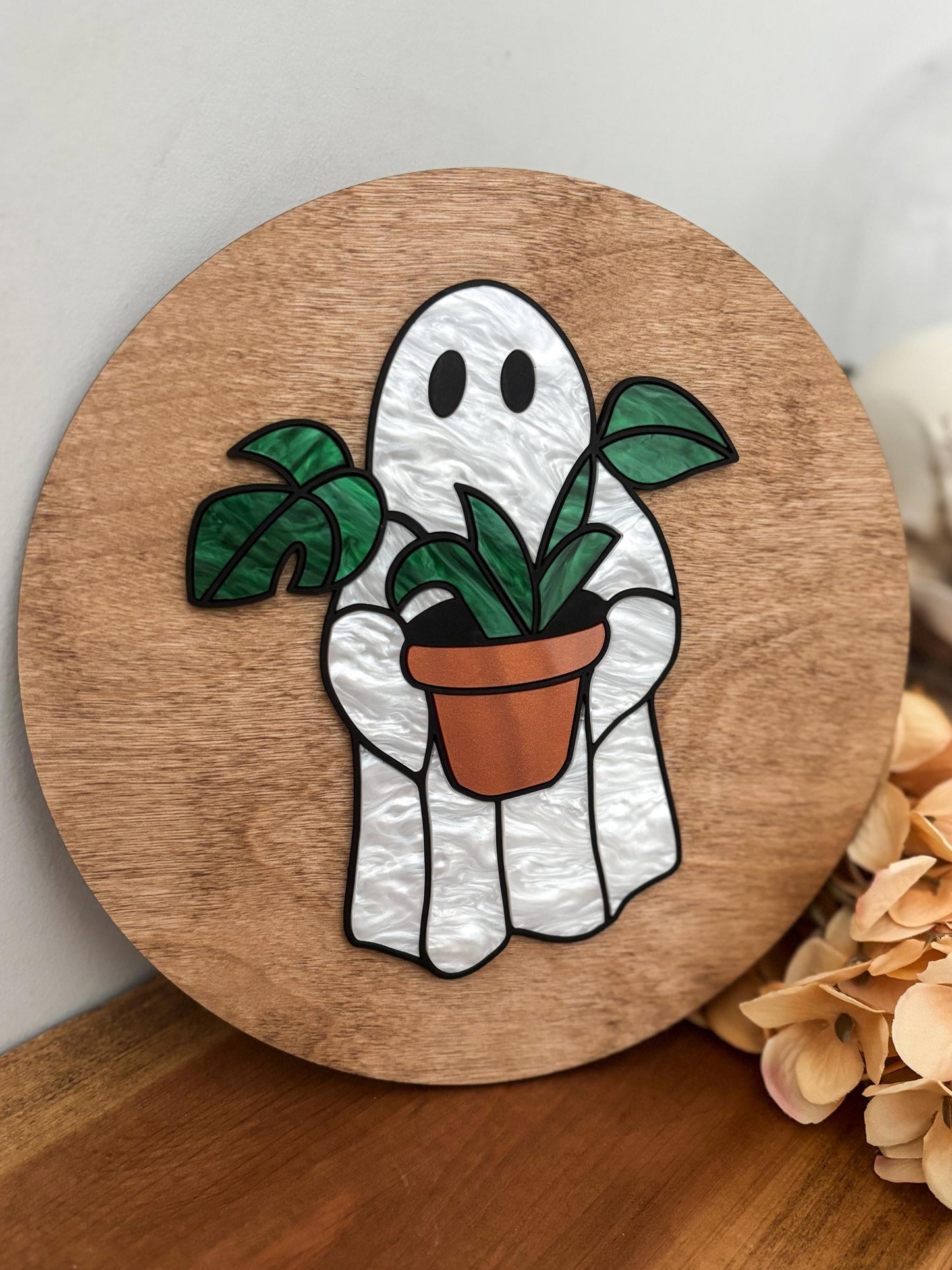 Halloween Ghost Plant Sign, Faux Stained Glass Ghost Decor, Acrylic Day of the Dead Home Decor, Fall Decor, Halloween Sign, Fall Wood Sign