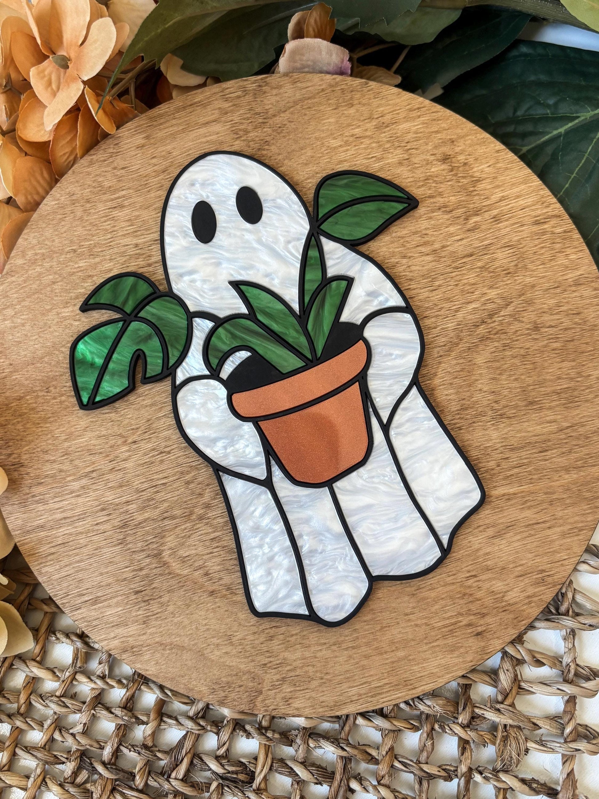 Halloween Ghost Plant Sign, Faux Stained Glass Ghost Decor, Acrylic Day of the Dead Home Decor, Fall Decor, Halloween Sign, Fall Wood Sign