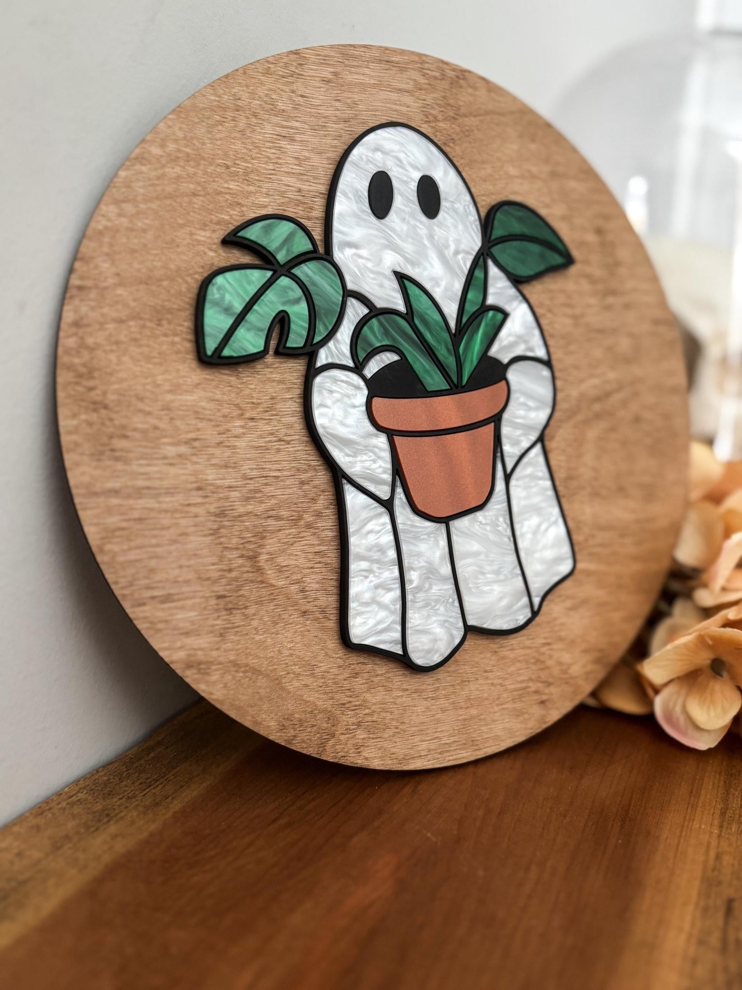 Halloween Ghost Plant Sign, Faux Stained Glass Ghost Decor, Acrylic Day of the Dead Home Decor, Fall Decor, Halloween Sign, Fall Wood Sign
