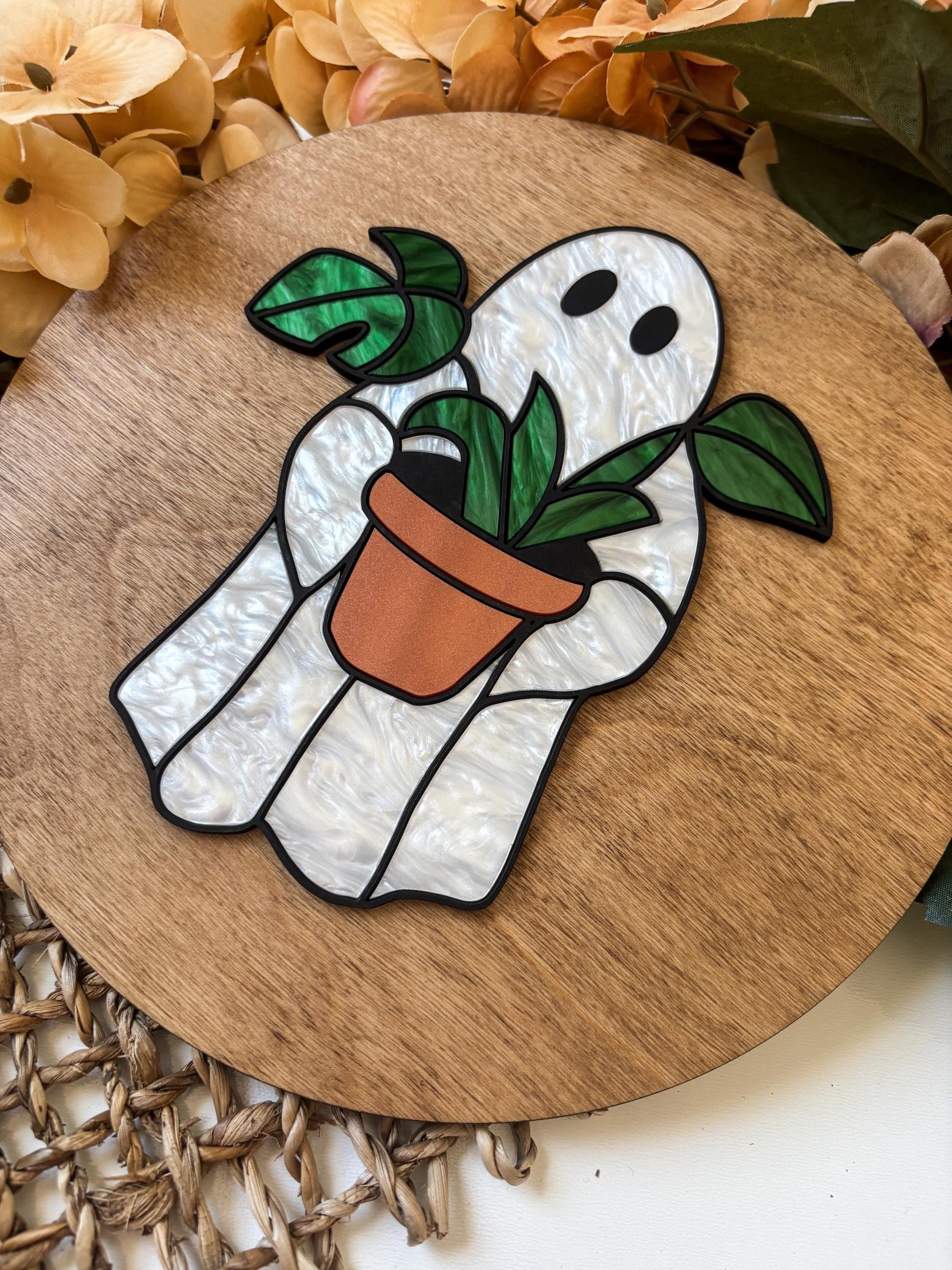Halloween Ghost Plant Sign, Faux Stained Glass Ghost Decor, Acrylic Day of the Dead Home Decor, Fall Decor, Halloween Sign, Fall Wood Sign