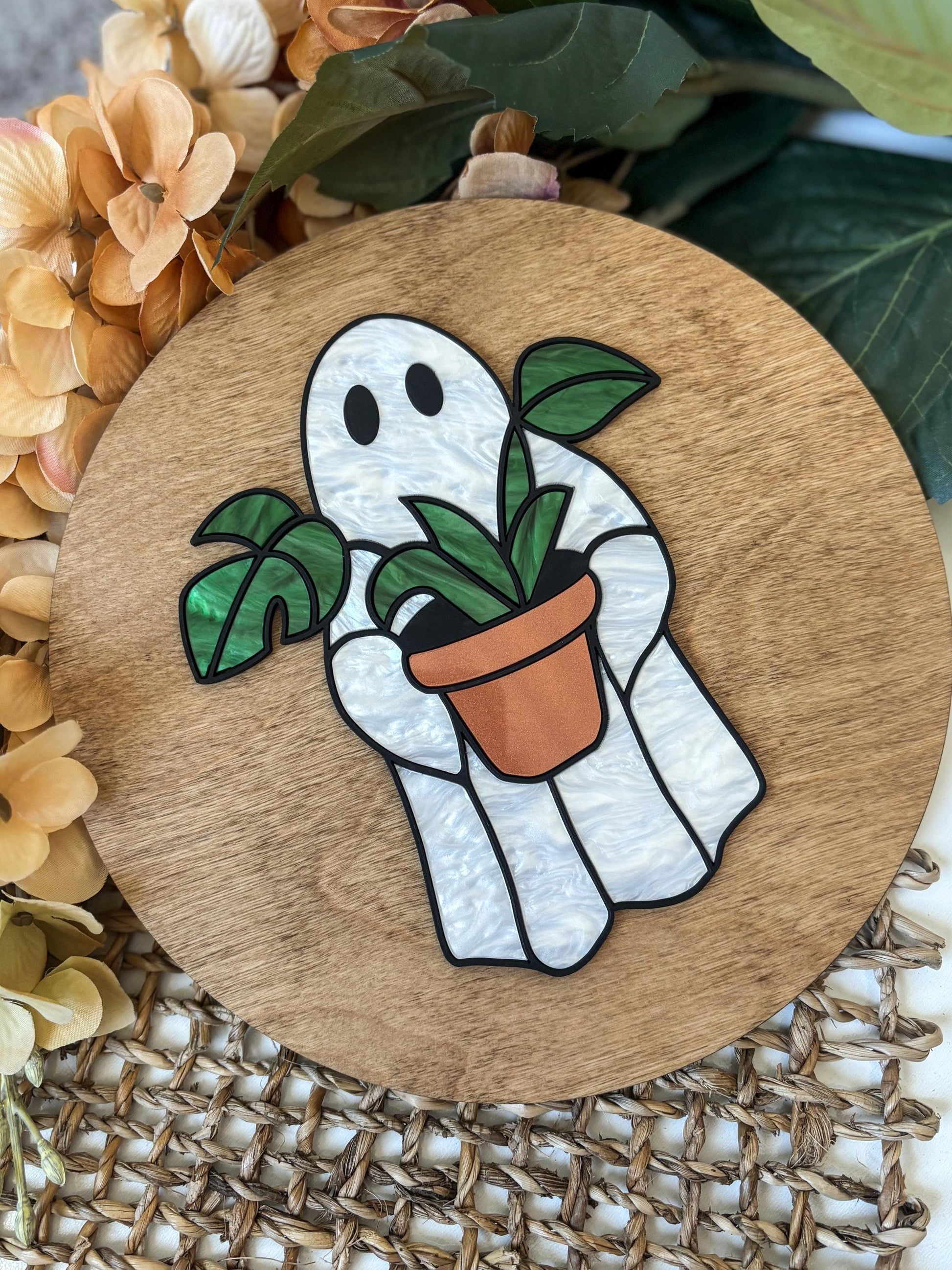 Halloween Ghost Plant Sign, Faux Stained Glass Ghost Decor, Acrylic Day of the Dead Home Decor, Fall Decor, Halloween Sign, Fall Wood Sign
