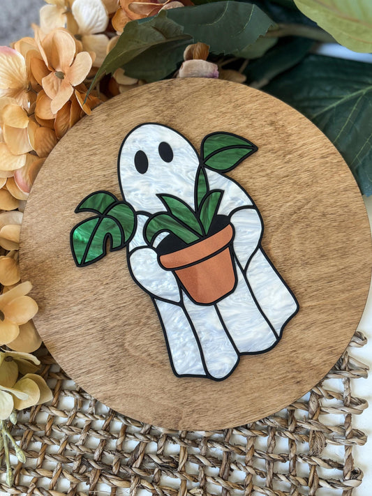 Halloween Ghost Plant Sign, Faux Stained Glass Ghost Decor, Acrylic Day of the Dead Home Decor, Fall Decor, Halloween Sign, Fall Wood Sign
