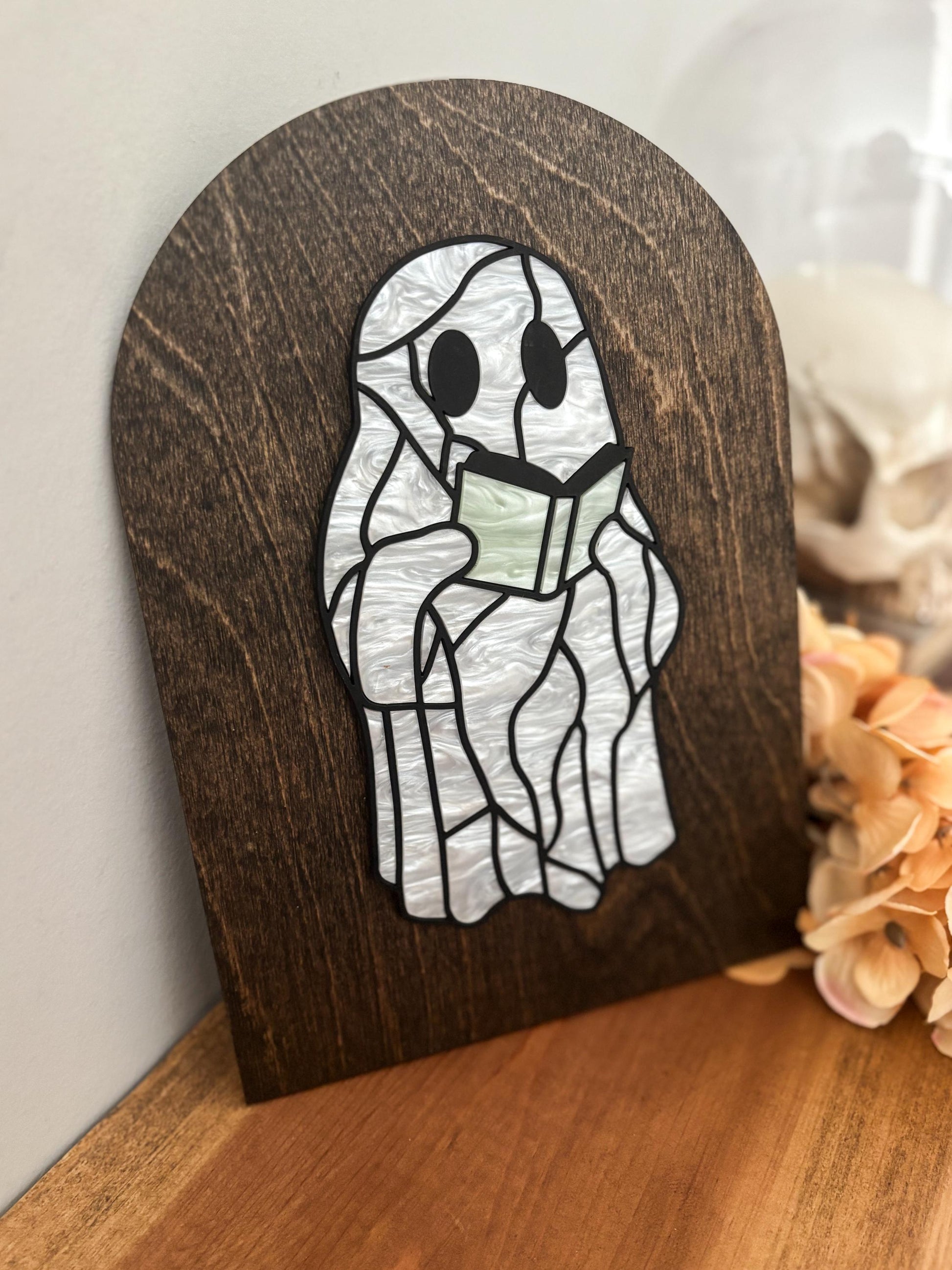 Halloween Reading Ghost Sign, Faux Stained Glass Ghost Decor, Acrylic Day of the Dead Home Decor, Bookish Fall Decor, Halloween Wood Sign