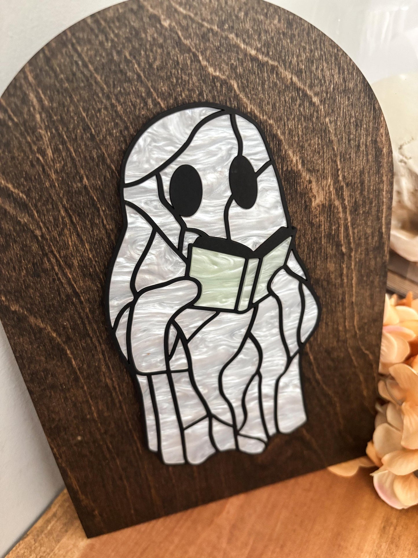 Halloween Reading Ghost Sign, Faux Stained Glass Ghost Decor, Acrylic Day of the Dead Home Decor, Bookish Fall Decor, Halloween Wood Sign
