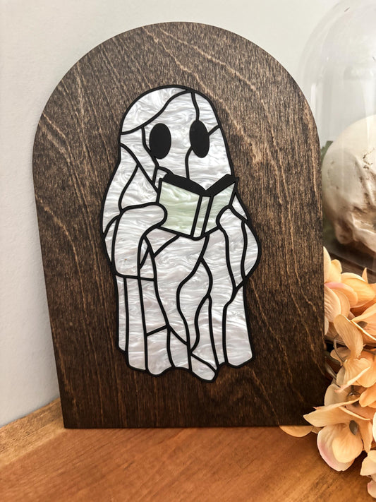 Halloween Reading Ghost Sign, Faux Stained Glass Ghost Decor, Acrylic Day of the Dead Home Decor, Bookish Fall Decor, Halloween Wood Sign