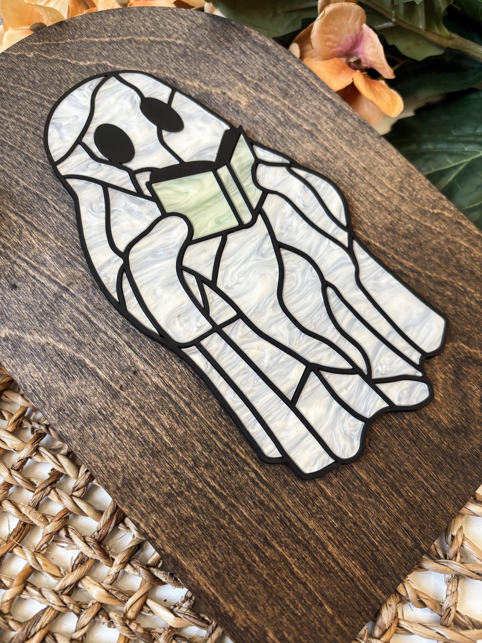 Halloween Reading Ghost Sign, Faux Stained Glass Ghost Decor, Acrylic Day of the Dead Home Decor, Bookish Fall Decor, Halloween Wood Sign