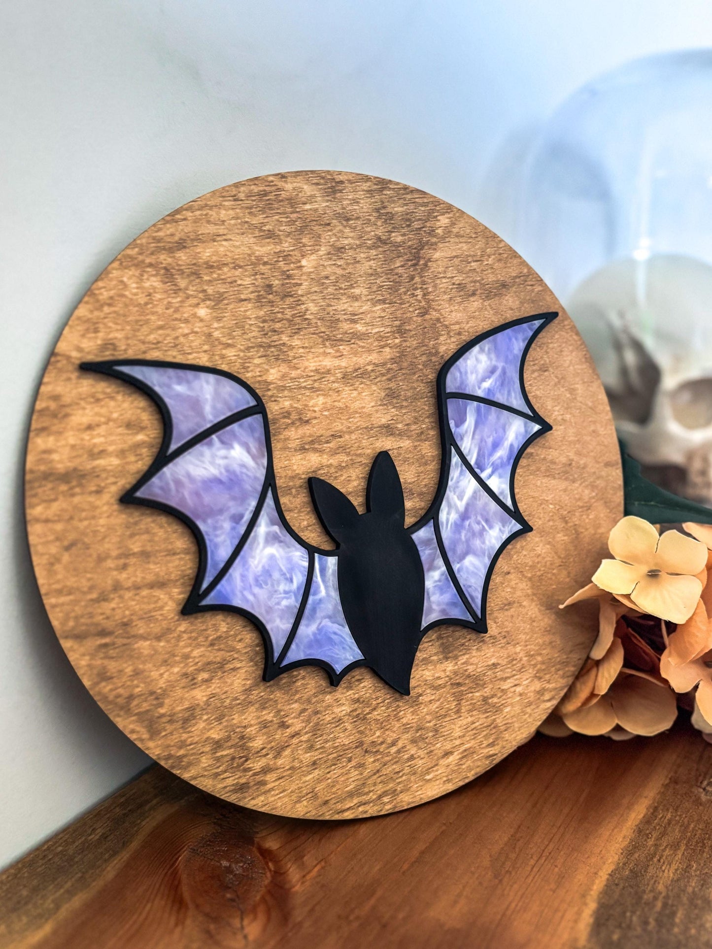 Halloween Purple Bat Sign, Faux Stained Glass Bat Decor, Acrylic Day of the Dead Home Decor, Fall Decor, Halloween Sign, Fall Wood Sign