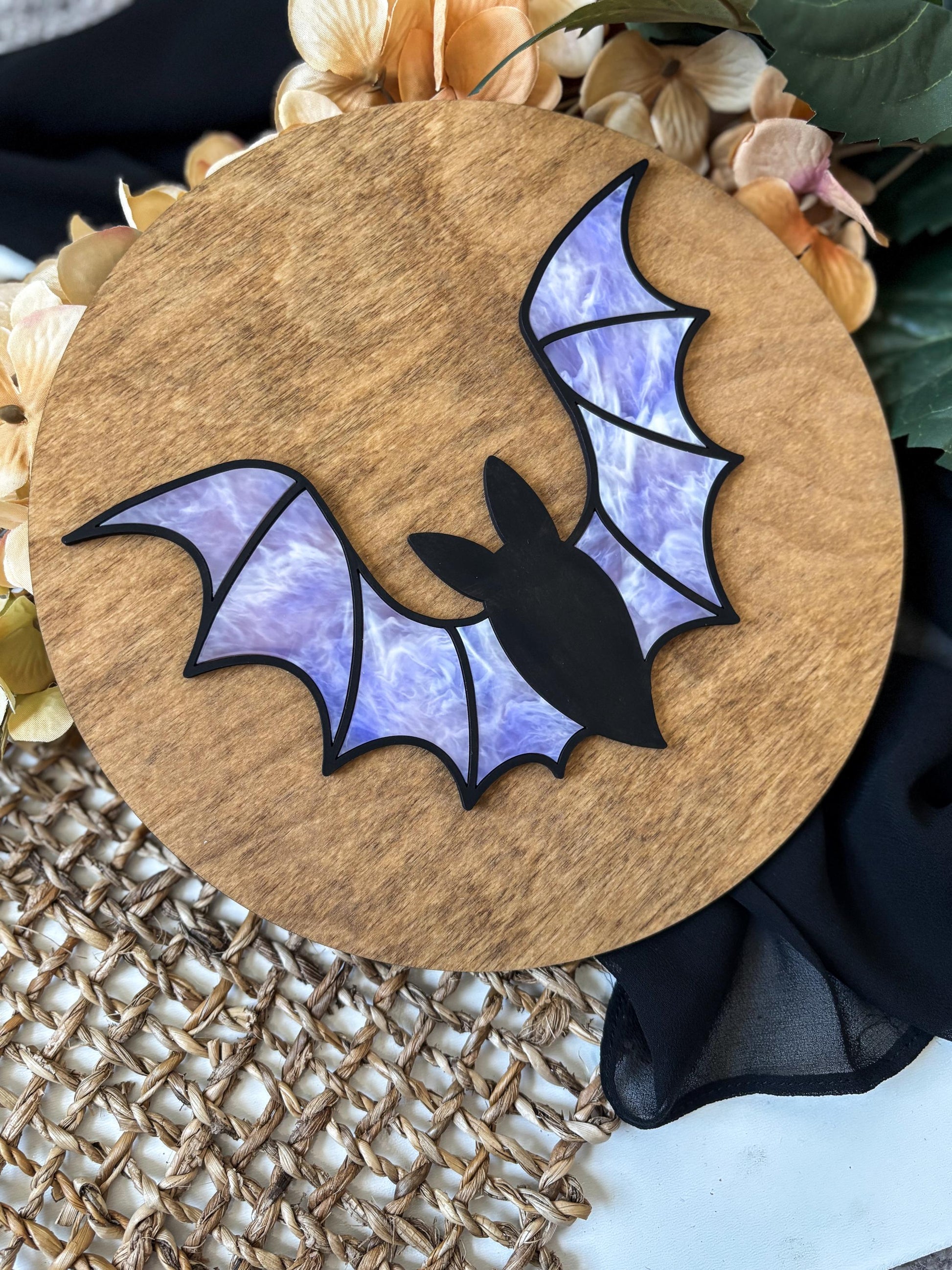 Halloween Purple Bat Sign, Faux Stained Glass Bat Decor, Acrylic Day of the Dead Home Decor, Fall Decor, Halloween Sign, Fall Wood Sign