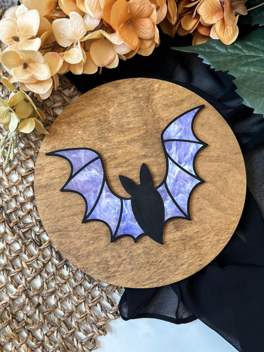 Halloween Purple Bat Sign, Faux Stained Glass Bat Decor, Acrylic Day of the Dead Home Decor, Fall Decor, Halloween Sign, Fall Wood Sign