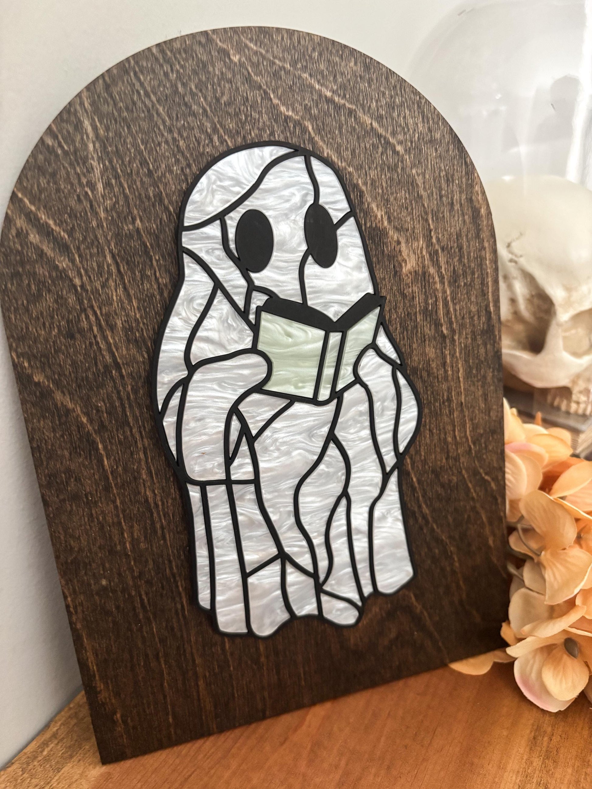 Halloween Reading Ghost Sign, Faux Stained Glass Ghost Decor, Acrylic Day of the Dead Home Decor, Bookish Fall Decor, Halloween Wood Sign