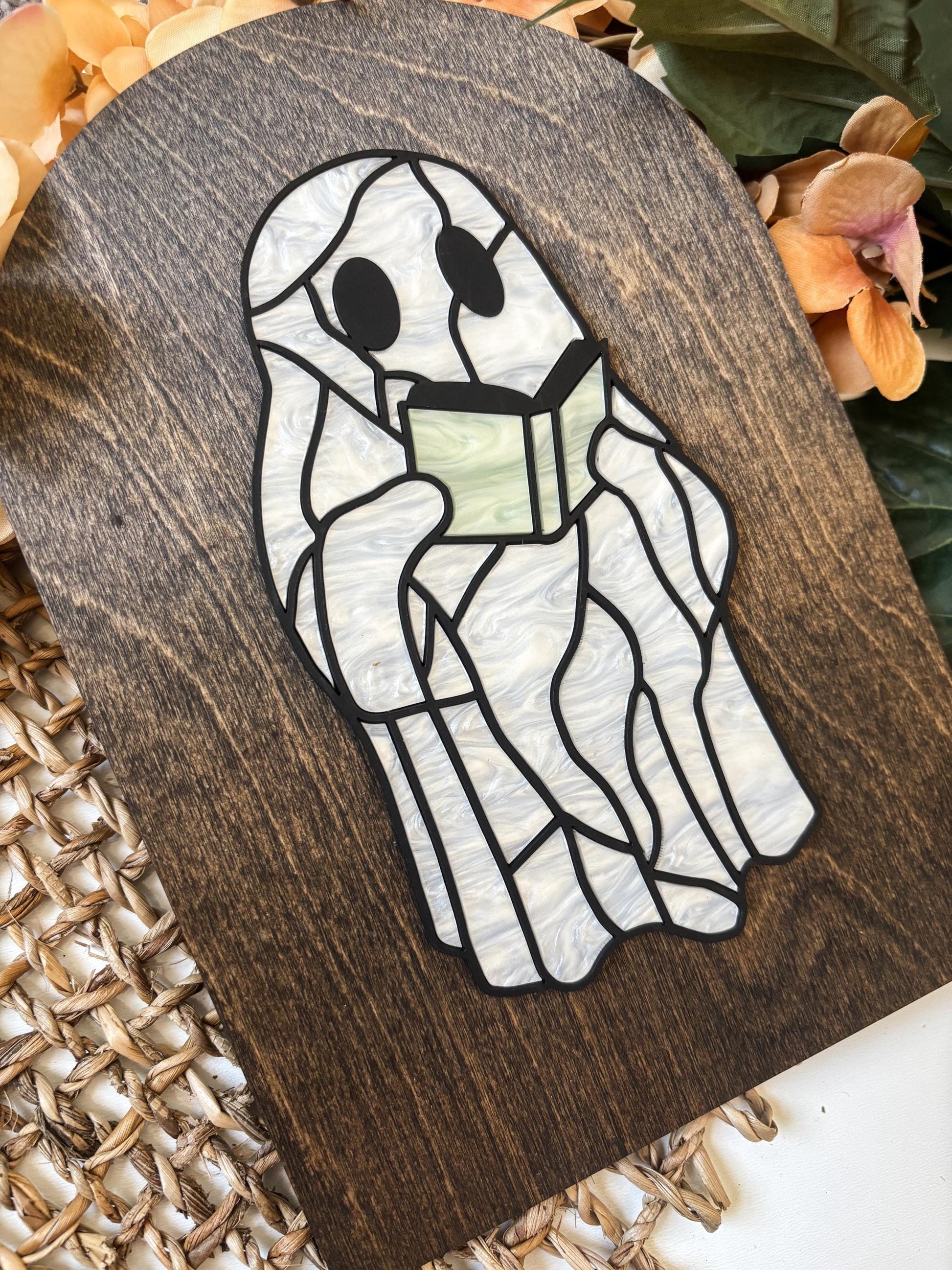 Halloween Reading Ghost Sign, Faux Stained Glass Ghost Decor, Acrylic Day of the Dead Home Decor, Bookish Fall Decor, Halloween Wood Sign